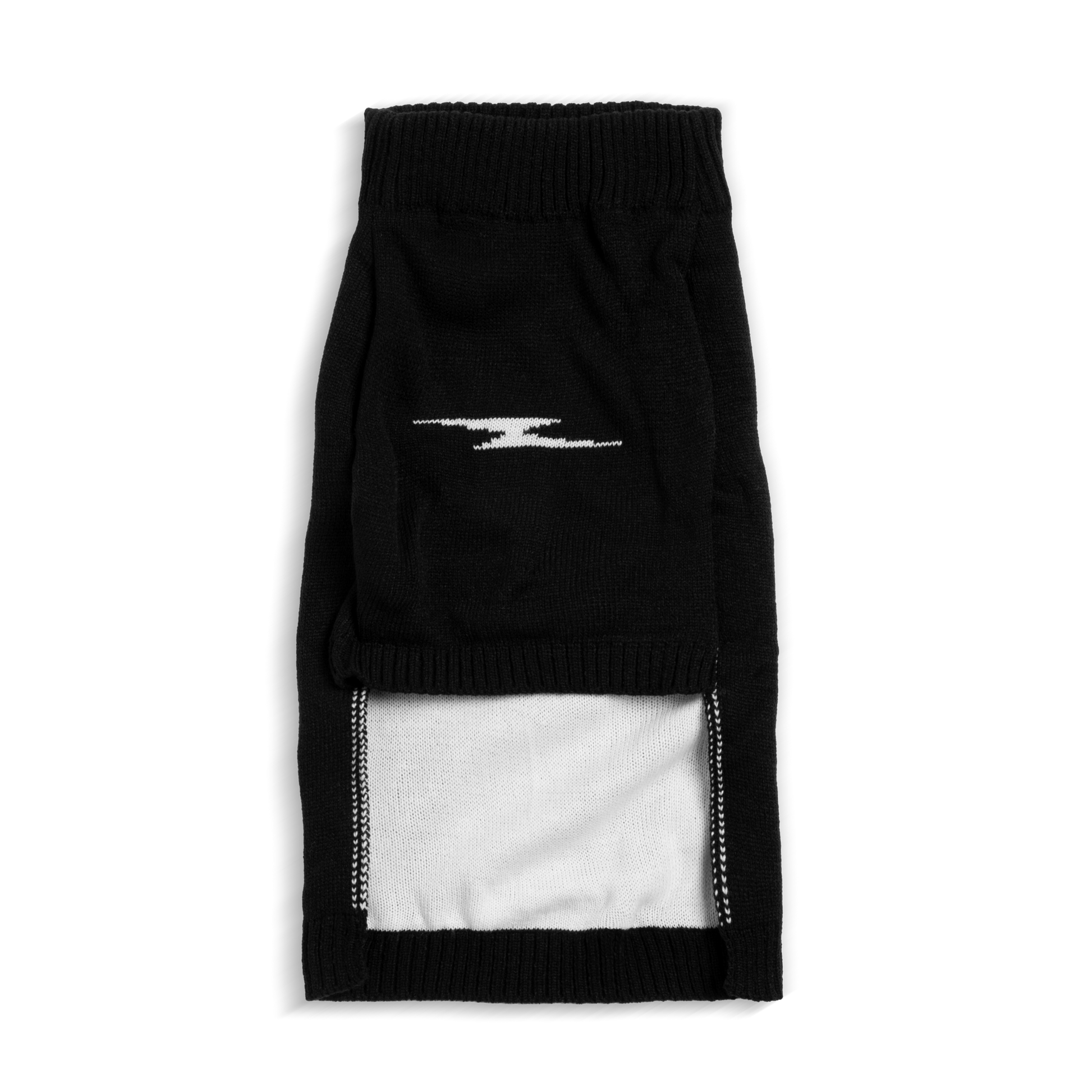 The Shinola Dog Sweater - Black features a white front logo and an opening that reveals a white inner layer, shown laid flat against a white background.