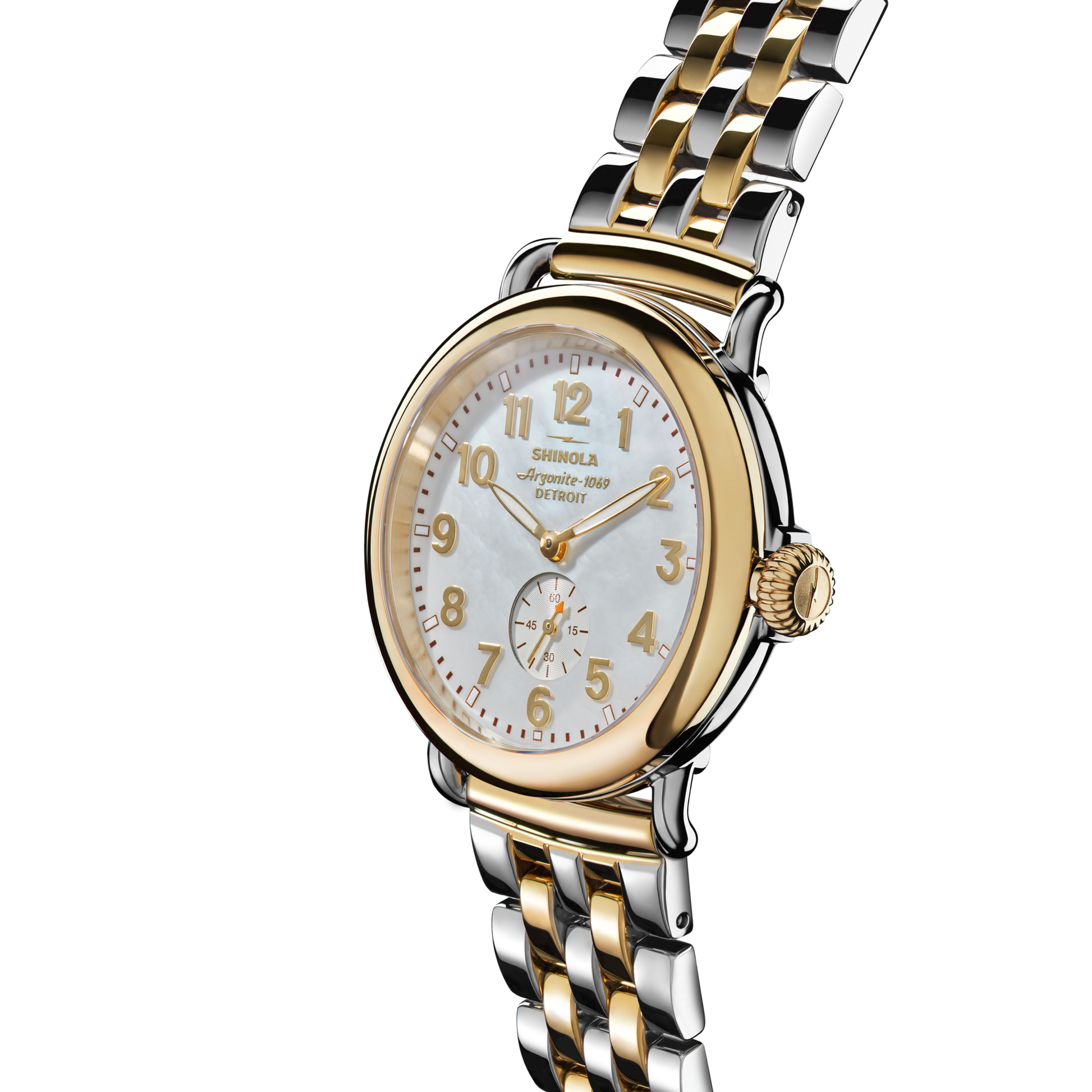 The Shinola Runwell Watch - Mother Of Pearl features a two-tone stainless steel bracelet, a white mother of pearl dial with gold numerals, and a subdial above 6 o’clock for time display.