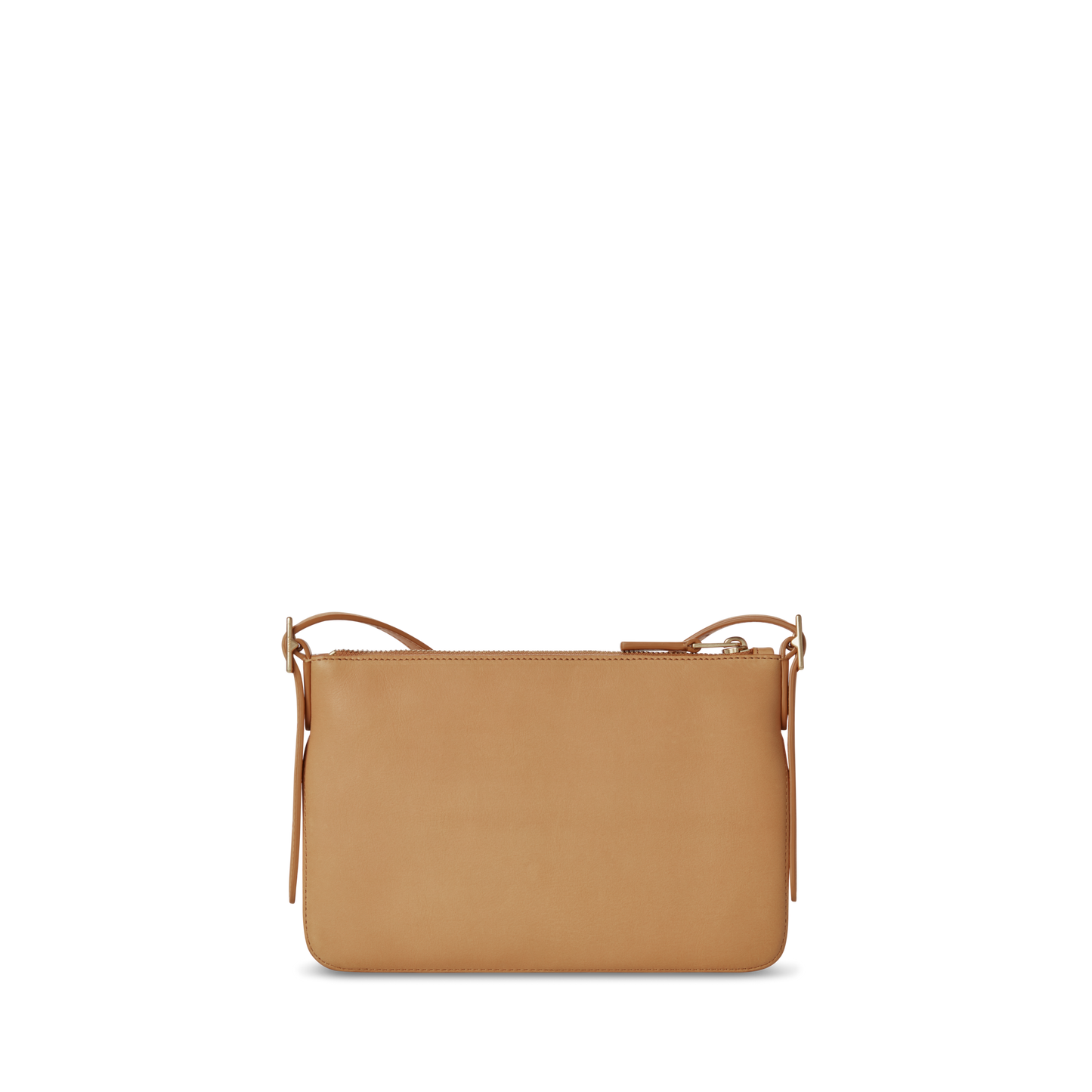 The Shinola Small Bixby Crossbody - Honey features natural leather in a minimalist design with a zippered top and slim shoulder strap, shown against a white background—an ideal everyday accessory.
