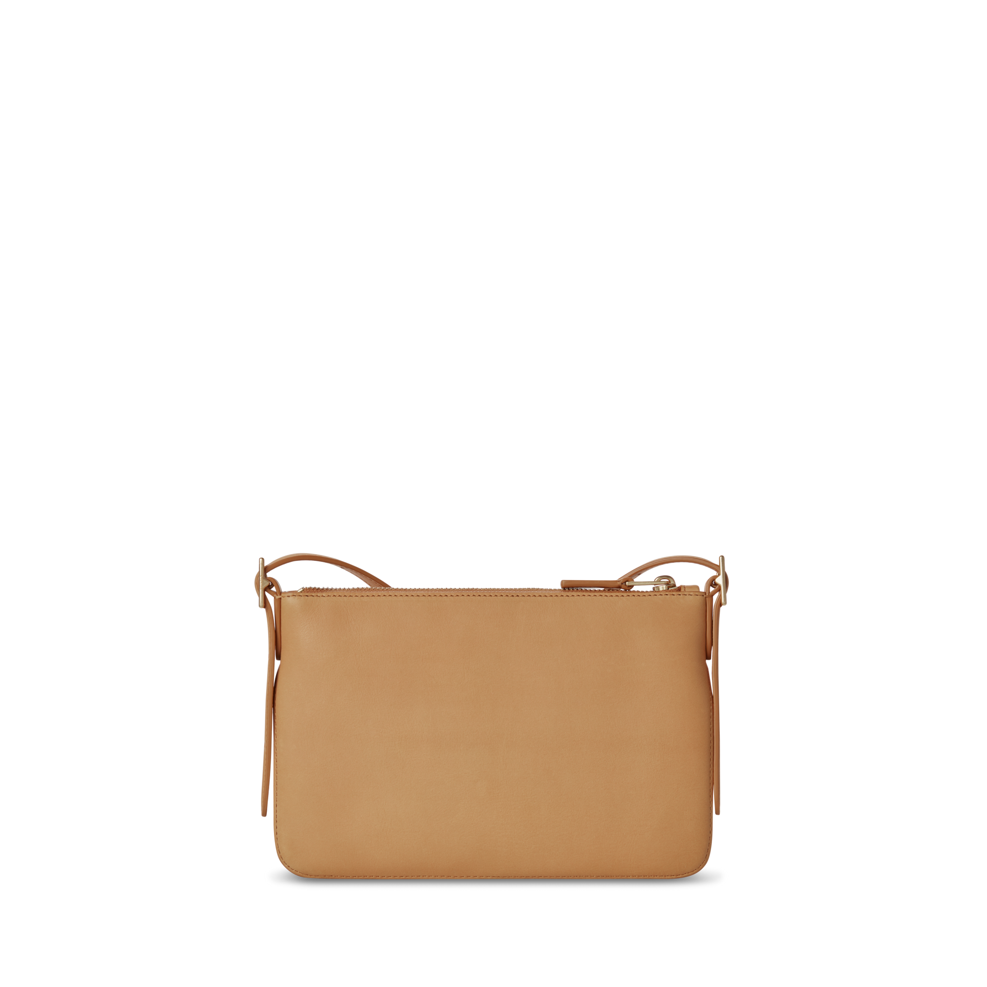 The Shinola Small Bixby Crossbody - Honey features natural leather in a minimalist design with a zippered top and slim shoulder strap, shown against a white background—an ideal everyday accessory.