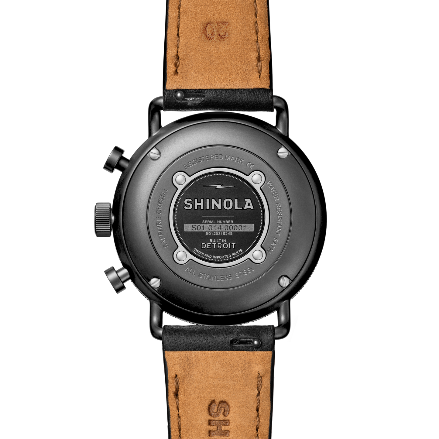 The Shinola Canfield Sport Chronograph Watch features a stainless steel case with engraved details, including the brand name and serial number. It comes with a black leather strap and signature Shinola logo.