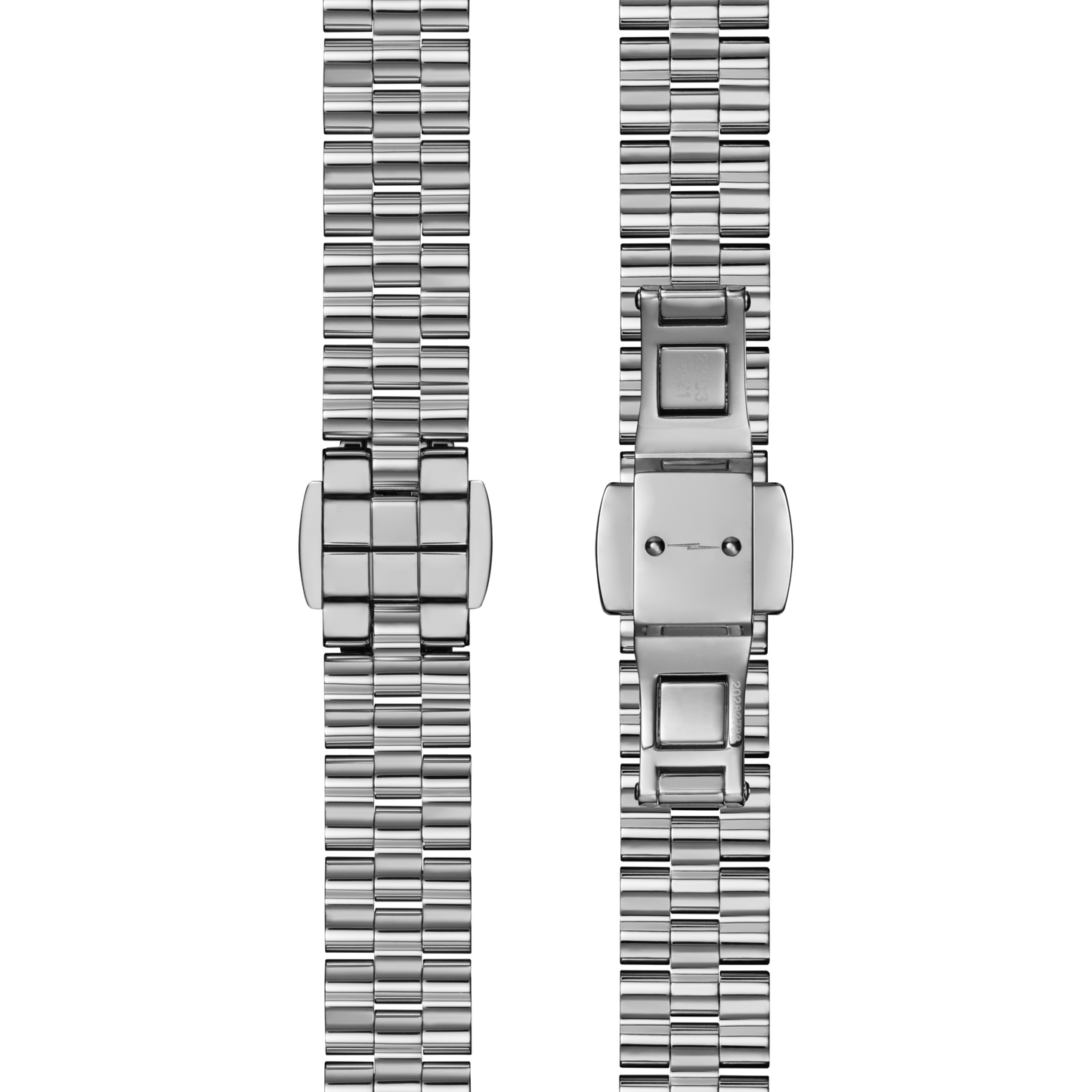 Two stainless steel watch bands side by side on white, featuring folding clasps and polished links—perfect for pairing with the Shinola Runabout Watch - MOP Diamond.