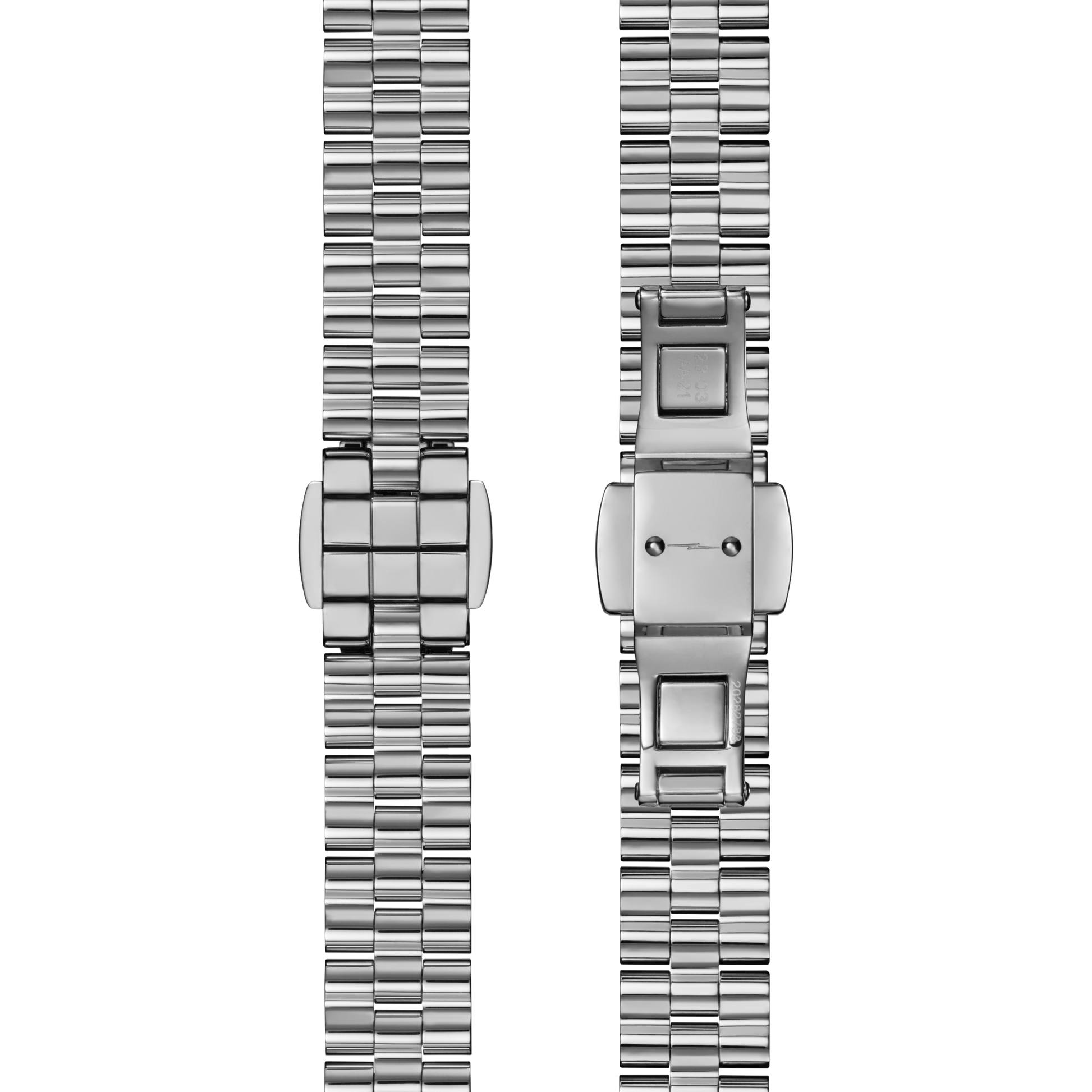 Two stainless steel watch bands side by side on white, featuring folding clasps and polished links—perfect for pairing with the Shinola Runabout Watch - MOP Diamond.