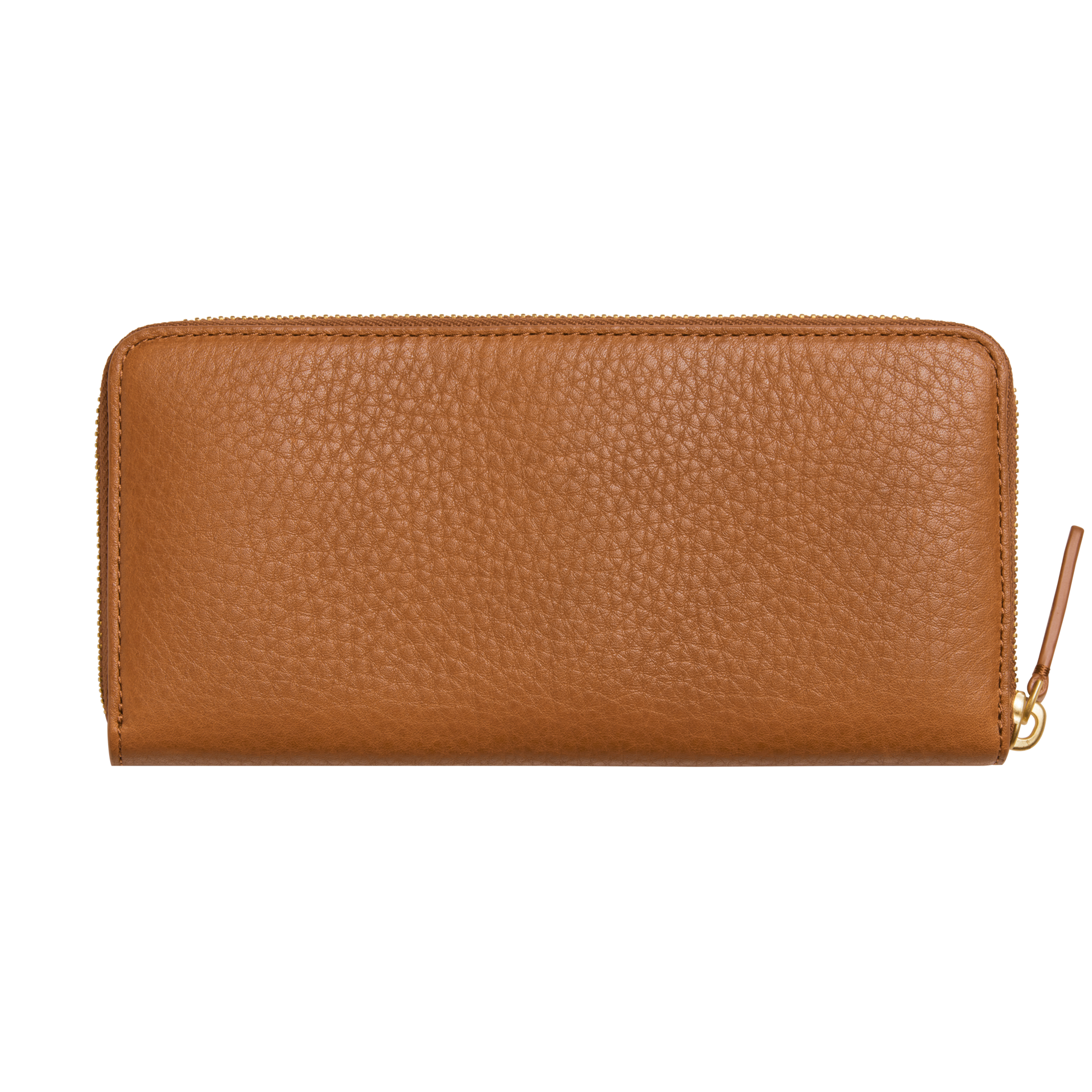 The Shinola Continental Zip Wallet - Tan is crafted from natural grain leather in brown with a textured finish and card pockets, shown closed against a plain white background.