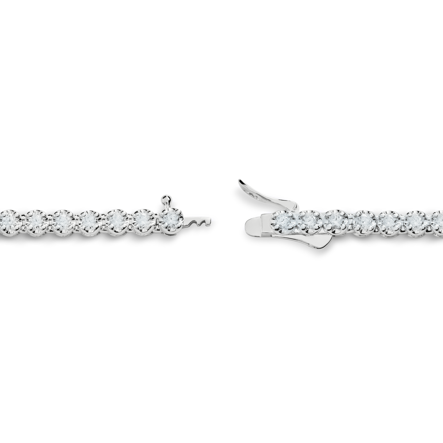 A close-up of the Shinola 5 Carat Diamond Tennis Necklace in white gold, featuring round white gemstones set in a row, highlighting the clasp and fastening mechanism.