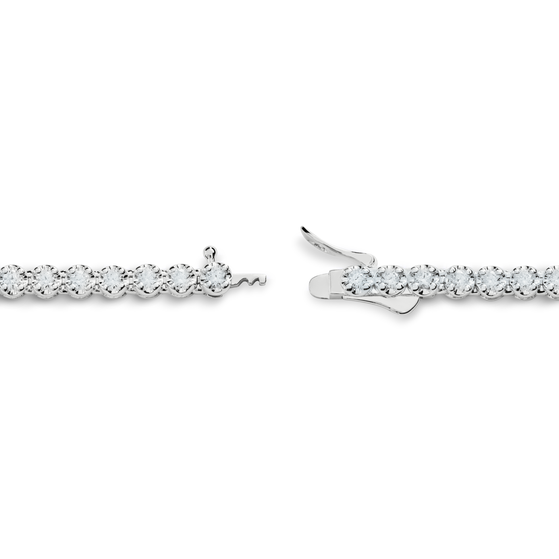 A close-up of the Shinola 5 Carat Diamond Tennis Necklace in white gold, featuring round white gemstones set in a row, highlighting the clasp and fastening mechanism.