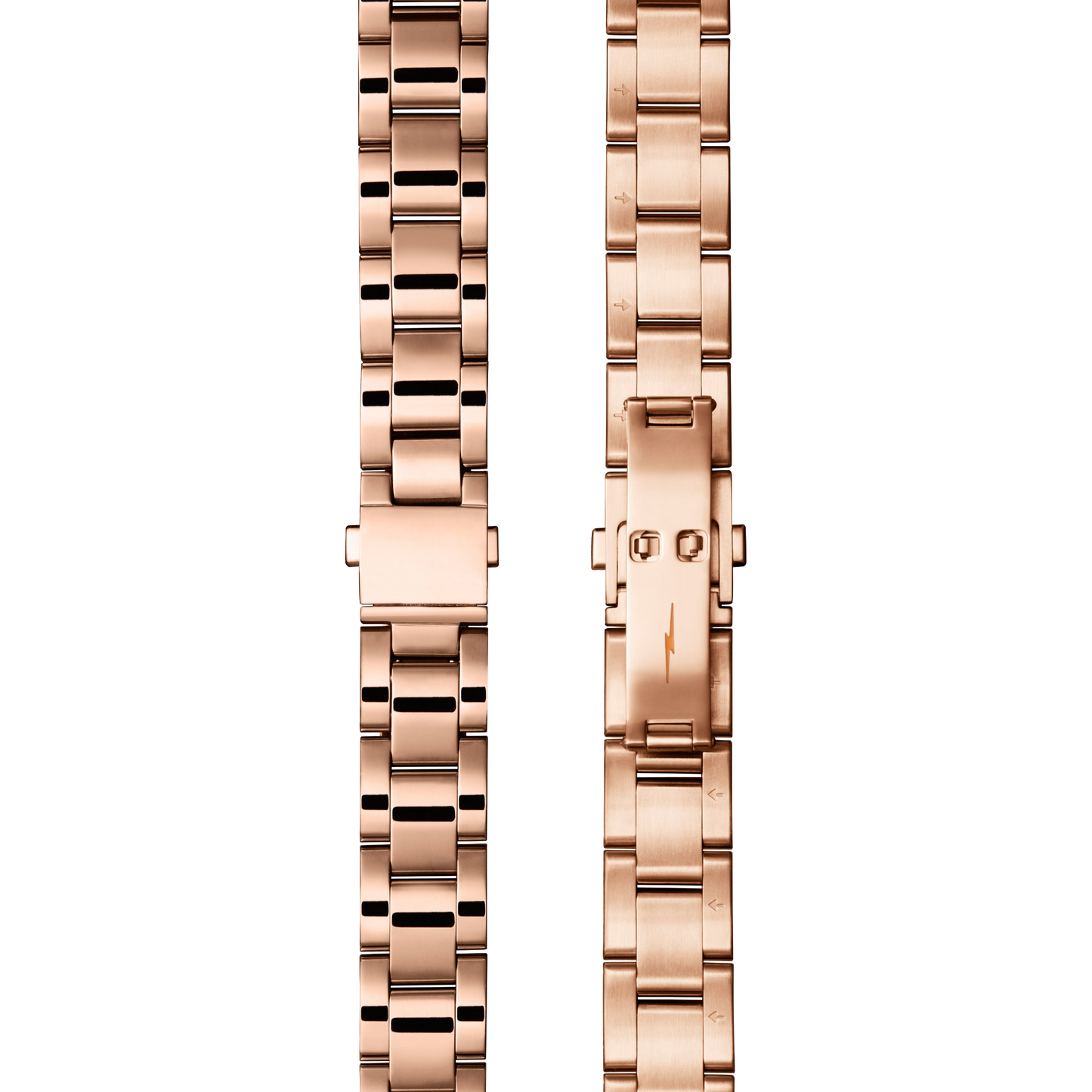 Two Shinola Bracelet: 18/13 Universal 3Link Fold Over PoPRG - Polished PVD Rose Gold watch bands are shown side by side, one with the clasp closed and the other open, highlighting the links and fold-over clasp mechanism.
