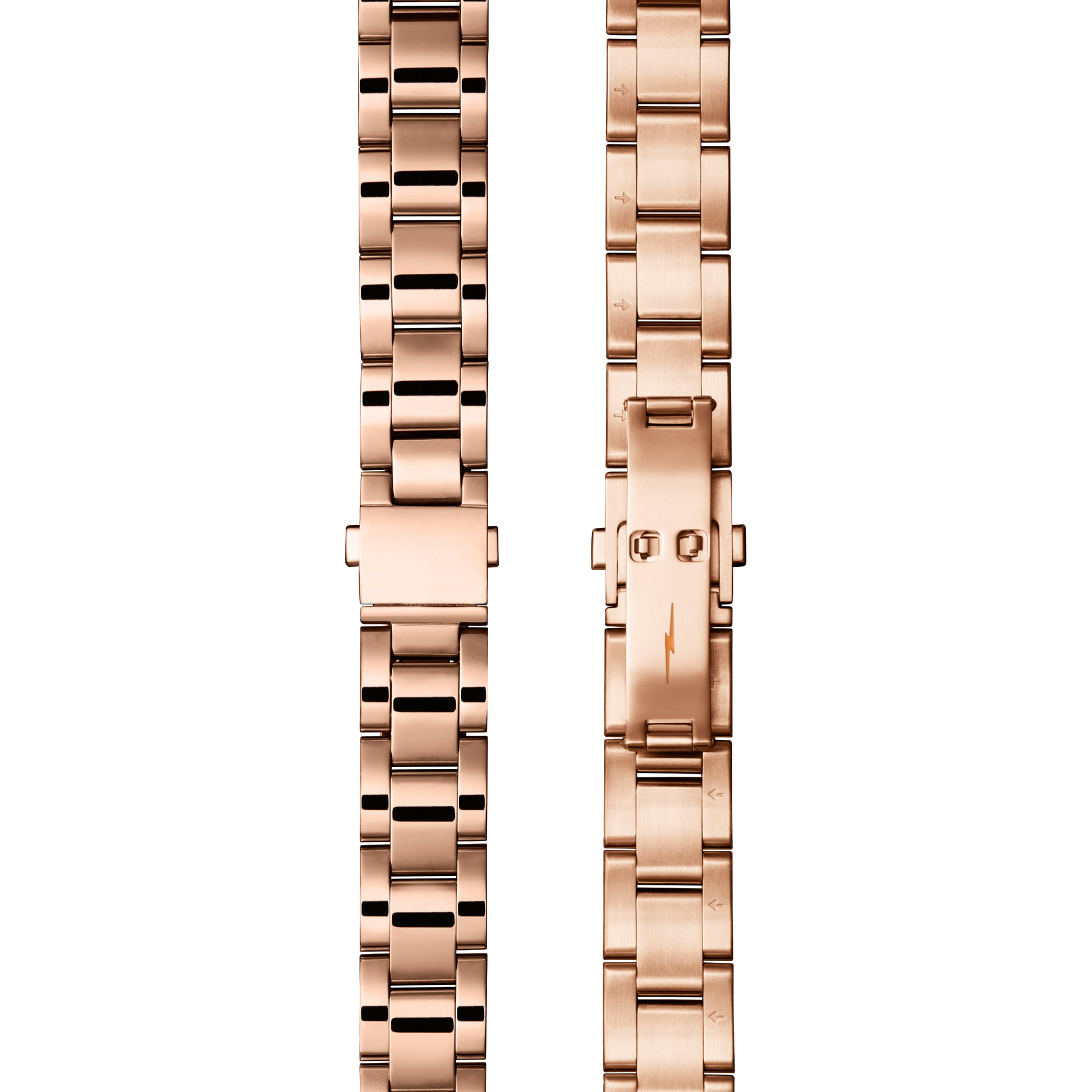 Two Shinola Bracelet: 18/13 Universal 3Link Fold Over PoPRG - Polished PVD Rose Gold watch bands are shown side by side, one with the clasp closed and the other open, highlighting the links and fold-over clasp mechanism.