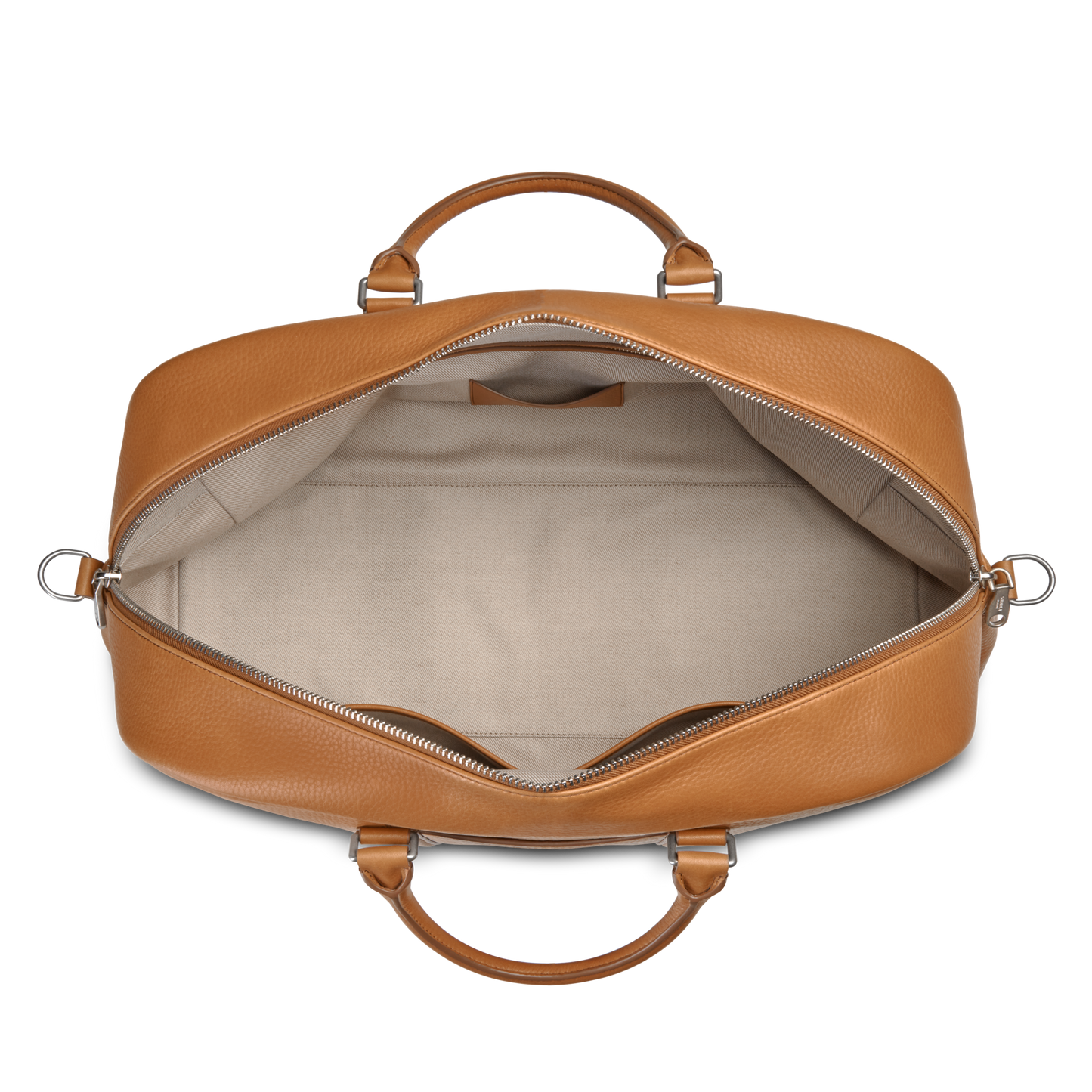A top-view of the Shinola Runwell Duffle Bag in tan leather with beige lining, silver zipper, dual handles, and a roomy interior—ideal as a travel bag or TSA carry-on for your next adventure.