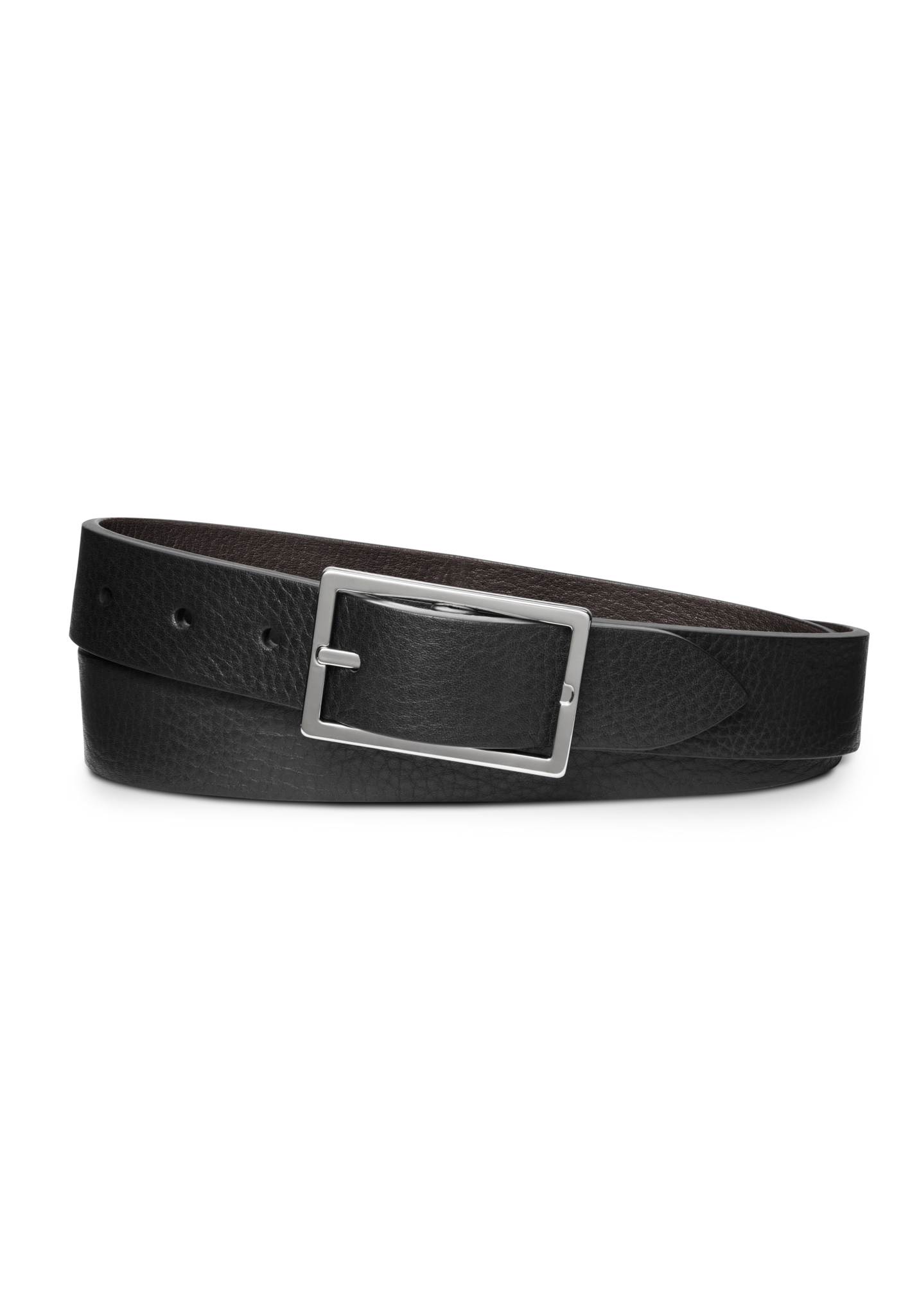 Shinola's 1 1/4" Reversible Rectangle Buckle Belt in black bridle leather features a sleek silver rectangular buckle, shown coiled on a white background—an ideal classic everyday accessory.