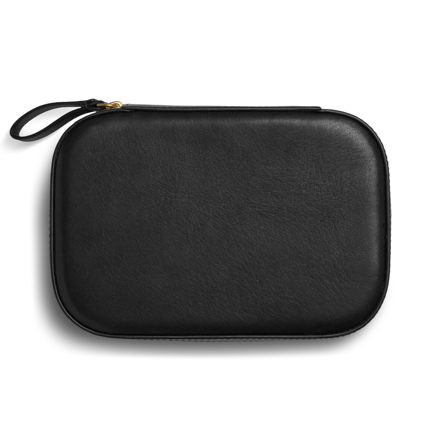 The Shinola Travel Jewelry Case - Black is a rectangular leather case with rounded edges, a wrist strap, and zippered closure, displayed against a plain white background.