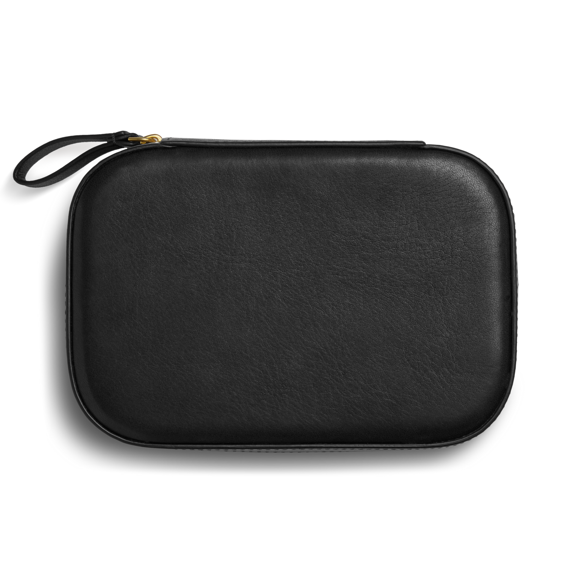 The Shinola Travel Jewelry Case - Black is a rectangular leather case with rounded edges, a wrist strap, and zippered closure, displayed against a plain white background.