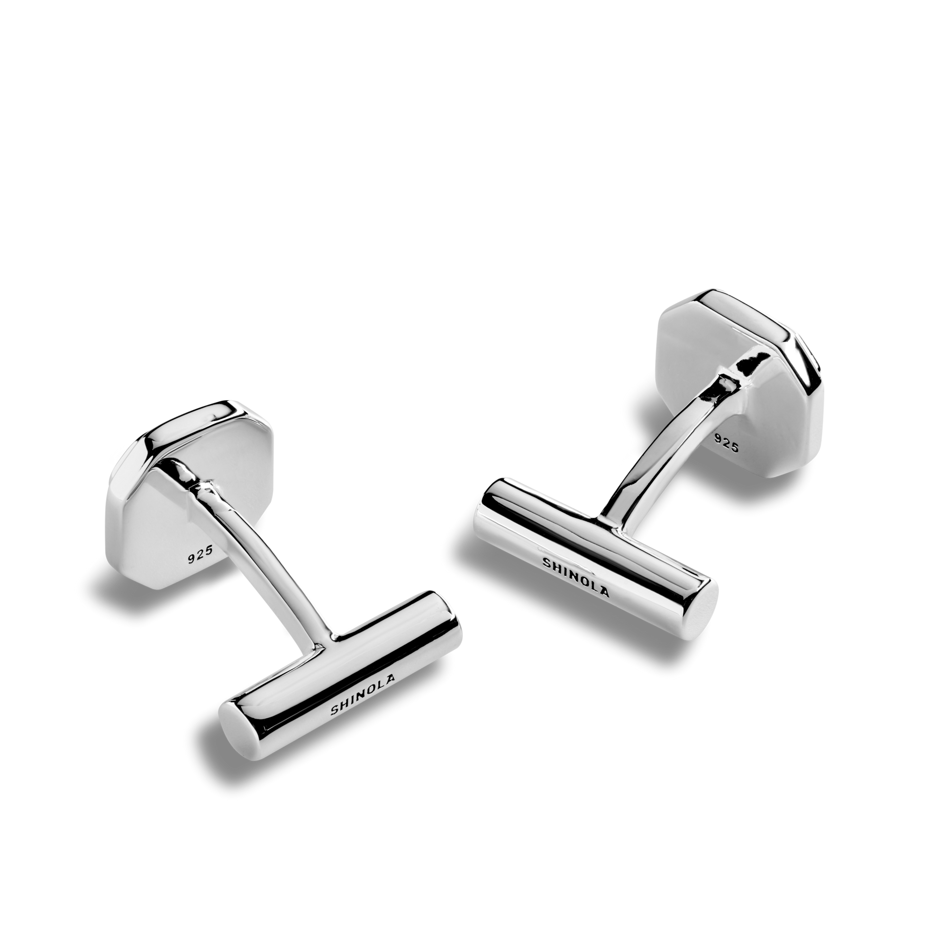 A pair of Shinola Octagonal Cufflinks in polished sterling silver, featuring octagonal faces and T-bar backs engraved with SHINOLA and 925, displayed on a plain white background.
