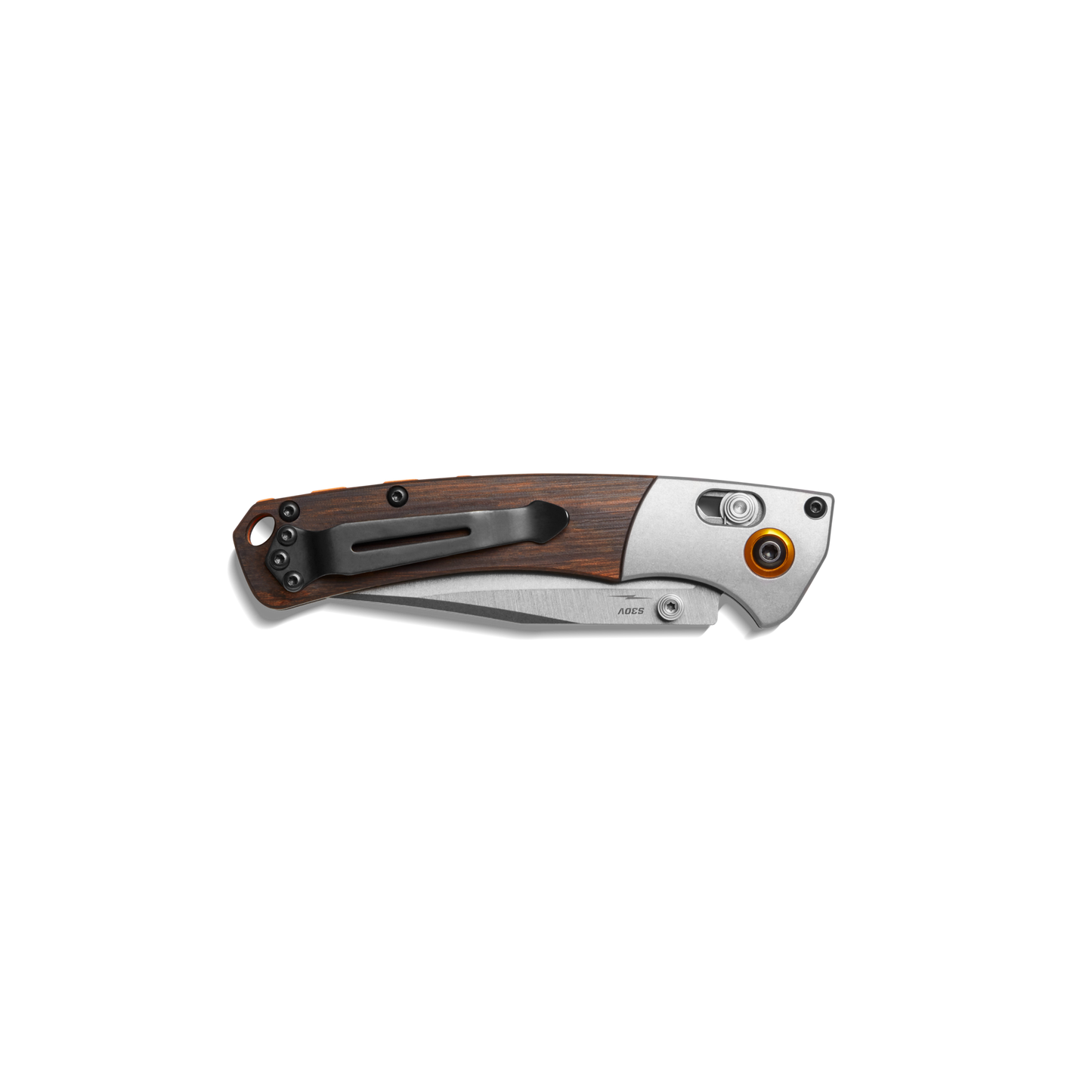 The Shinola + Benchmade Mini Crooked River Pocket Knife - Steel is a wood-handled, folding pocket knife with a metal clip and partially visible blade, shown closed against a white background—ideal for everyday carry.