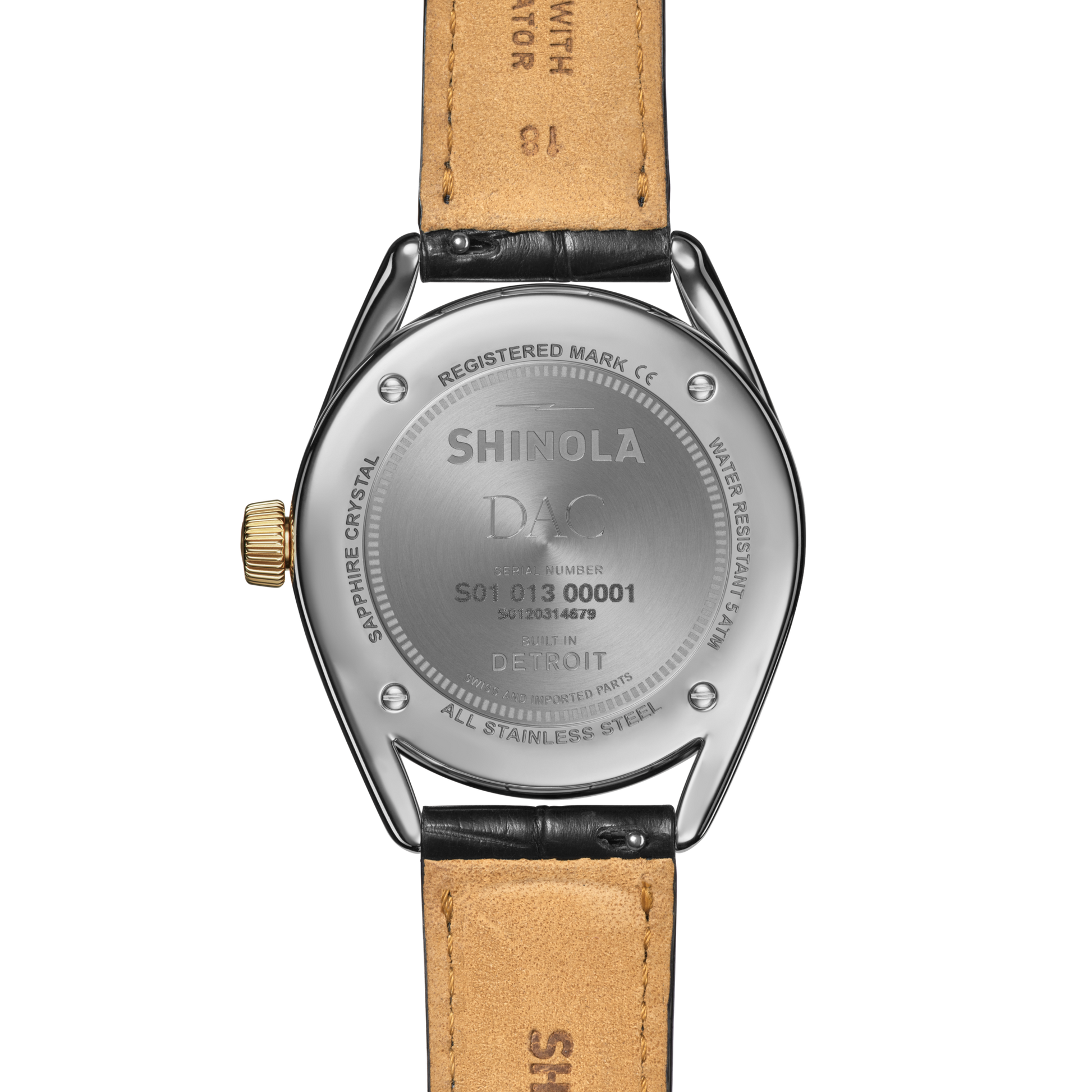 The back of the Shinola Celestial Derby Watch - Black Mother of Pearl Diamond is engraved with "Built in Detroit" and "All Stainless Steel," capturing the elegance and celestial inspiration of this distinctive timepiece.