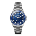 The Lake Michigan Monster Automatic Dive Watch by Shinola features a stainless steel case, blue and white dive bezel, blue dial, silver hour markers, date window at 3 o’clock, and showcases the Shinola brand on its automatic movement.