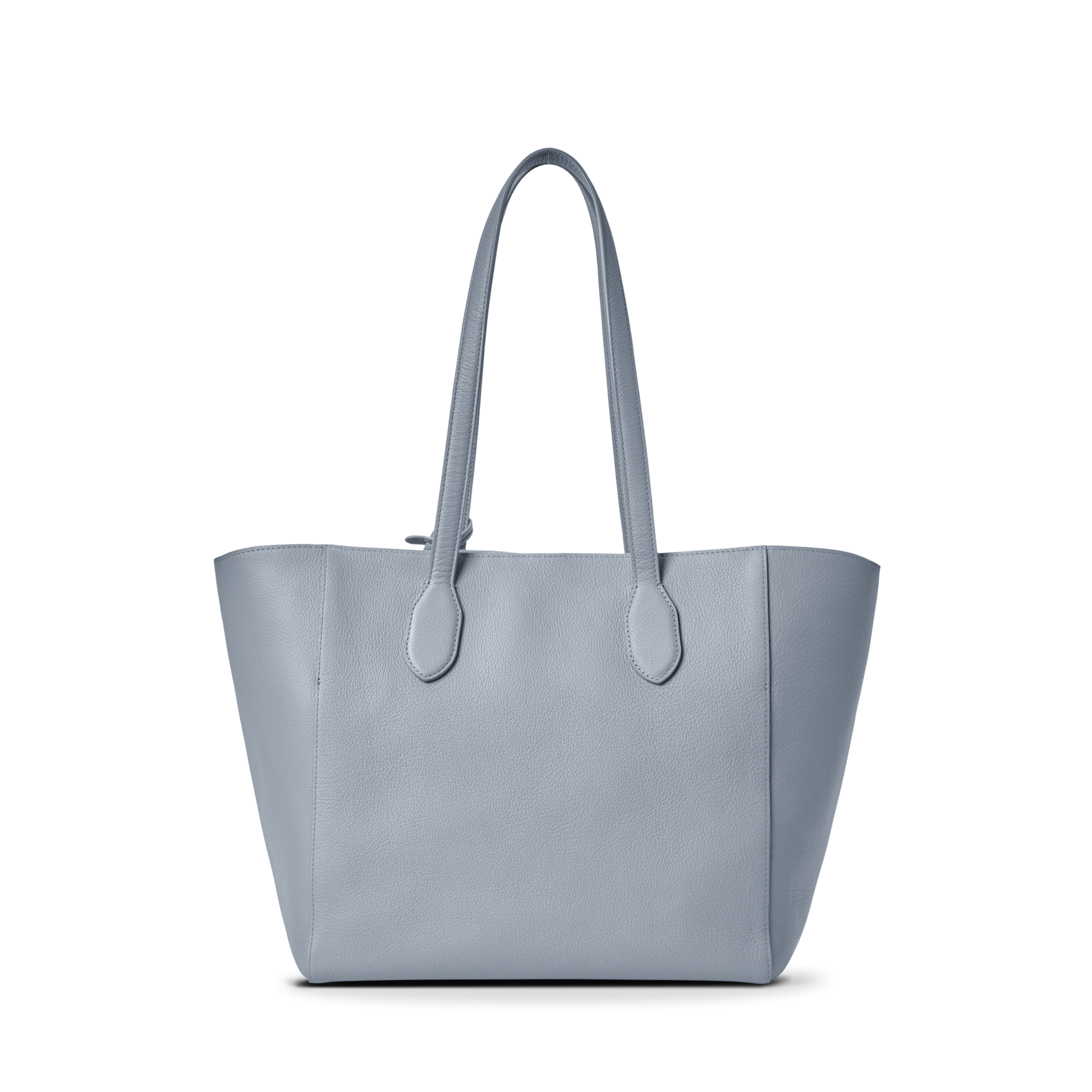 The Shinola Runabout Tote Bag - Mist is a minimalist, light blue pebbled leather tote with two shoulder straps. Lightweight and simple, it features a slightly textured surface and is shown against a plain white background.
