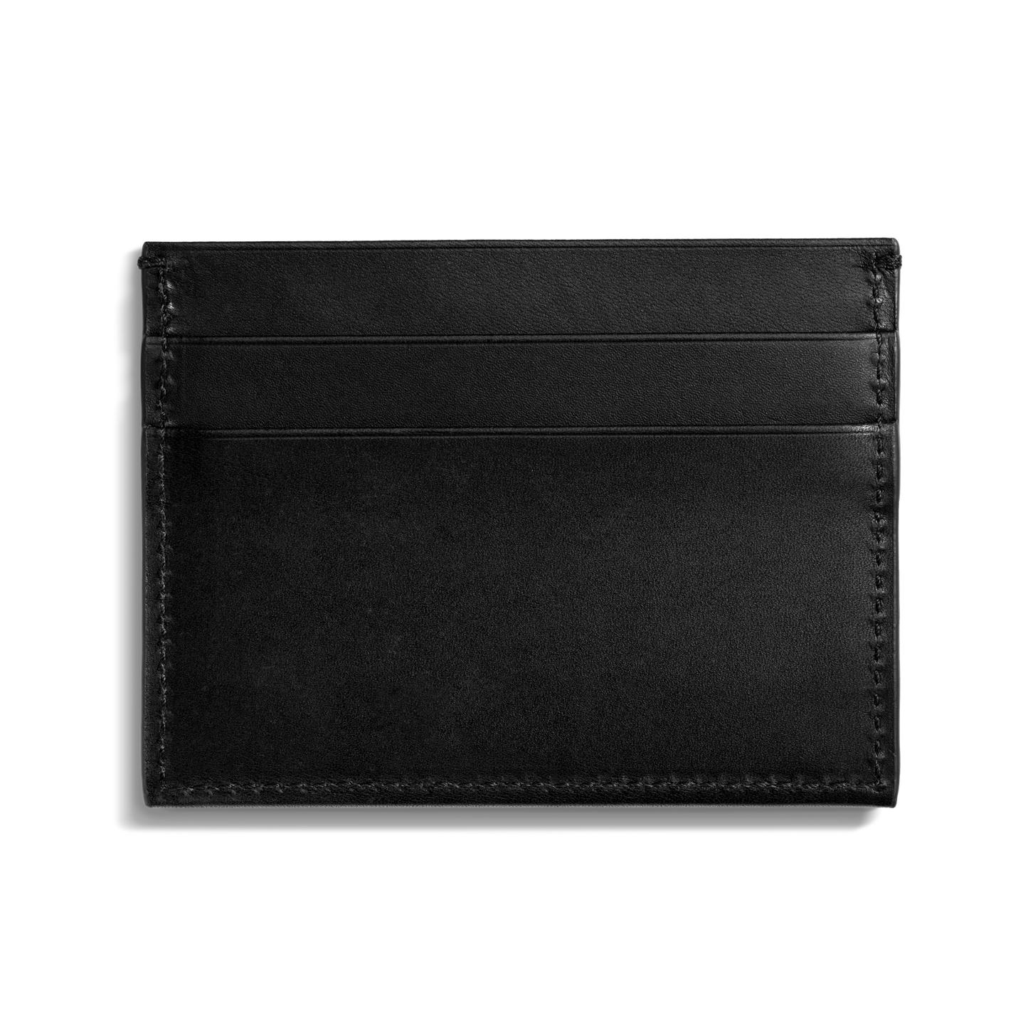 The Shinola 5 Pocket Card Holder in black is a minimalist leather accessory, featuring two card slots, displayed against a plain white background.