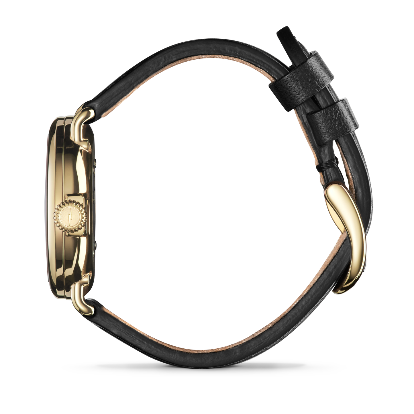 The Shinola Runwell Watch - Alabaster features a gold stainless steel case and black leather strap, displayed from the side to emphasize its slim profile and textured crown against a plain white background.