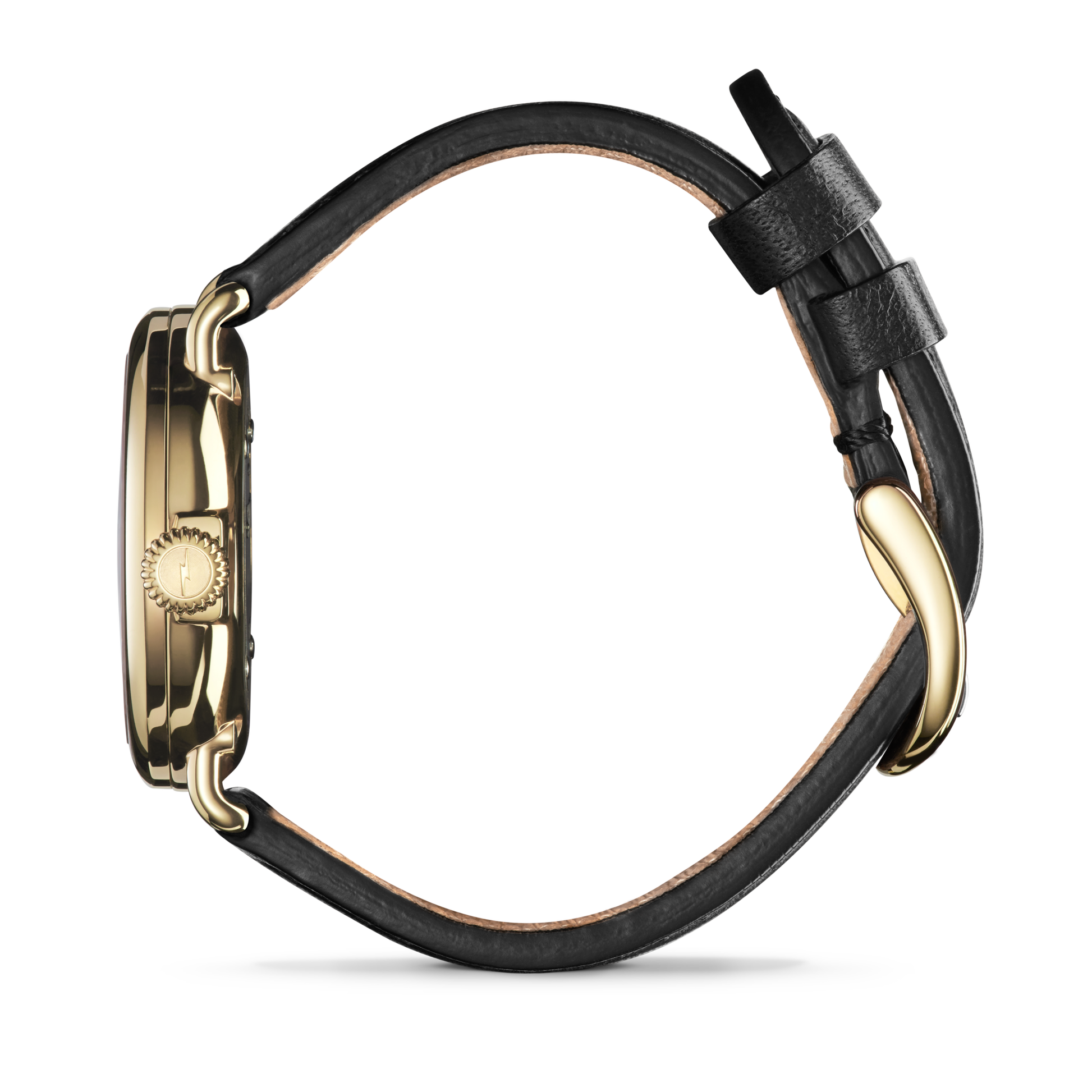The Shinola Runwell Watch - Alabaster features a gold stainless steel case and black leather strap, displayed from the side to emphasize its slim profile and textured crown against a plain white background.