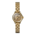 The Shinola Runabout Watch - Petoskey features a gold round face, gold band, and gold numbers. The slightly worn face shows the Shinola brand above center. This Detroit-assembled watch is shown on a plain white background.