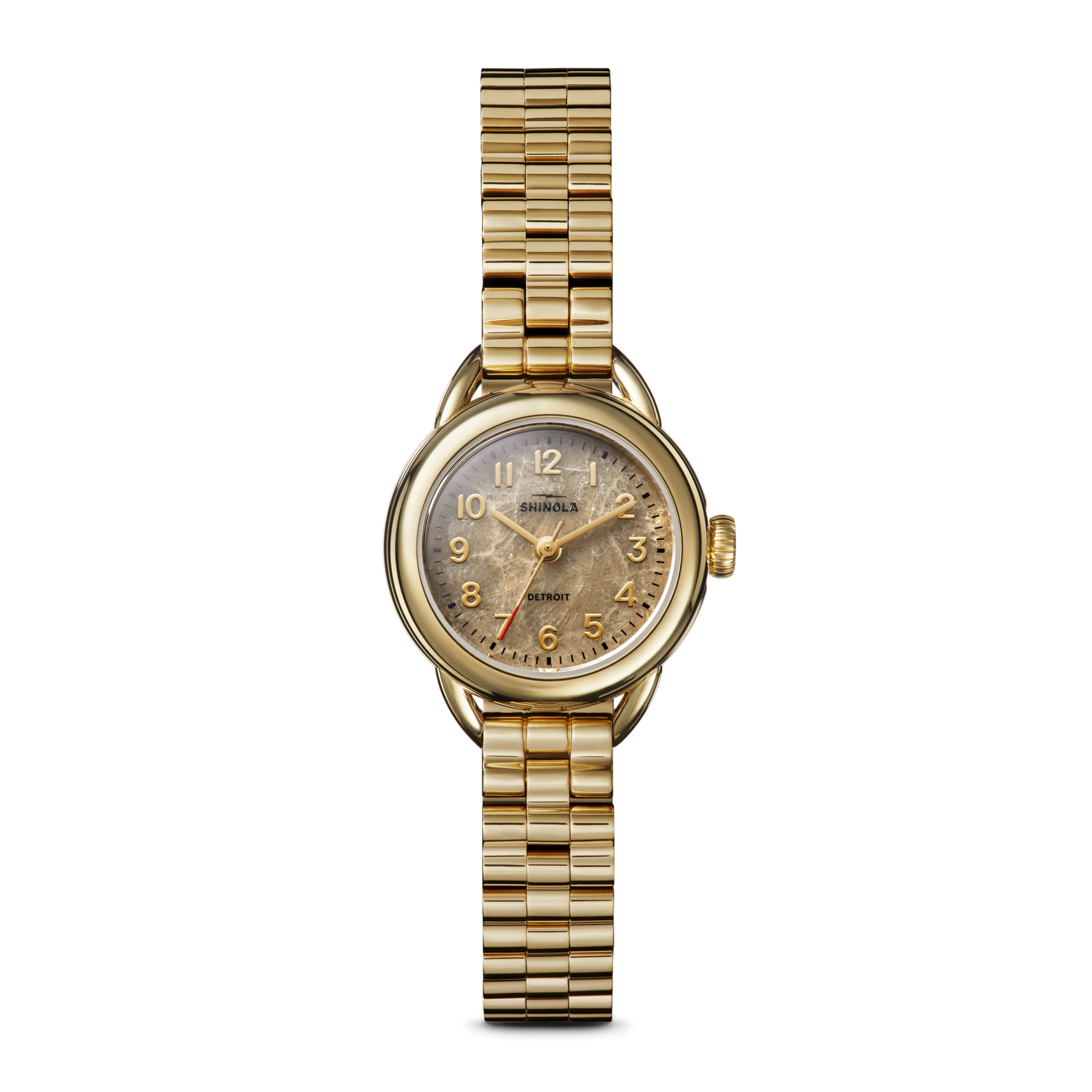 The Shinola Runabout Watch - Petoskey features a gold round face, gold band, and gold numbers. The slightly worn face shows the Shinola brand above center. This Detroit-assembled watch is shown on a plain white background.