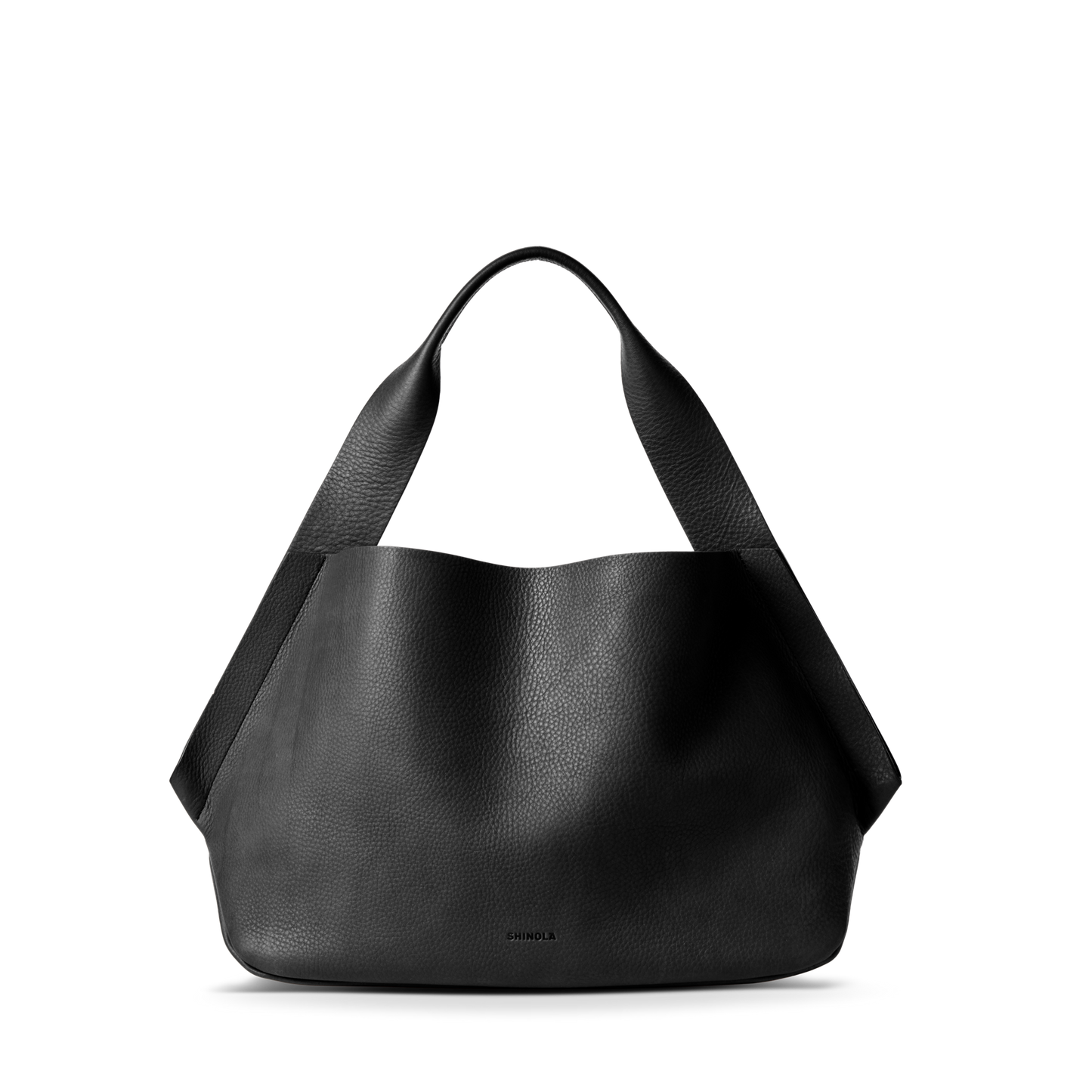 The Shinola Derby Shoulder Bag - Black showcases wide handles, a minimalist silhouette, subtle texture, a leather card pocket, and a spacious open compartment, all set against a plain white background.