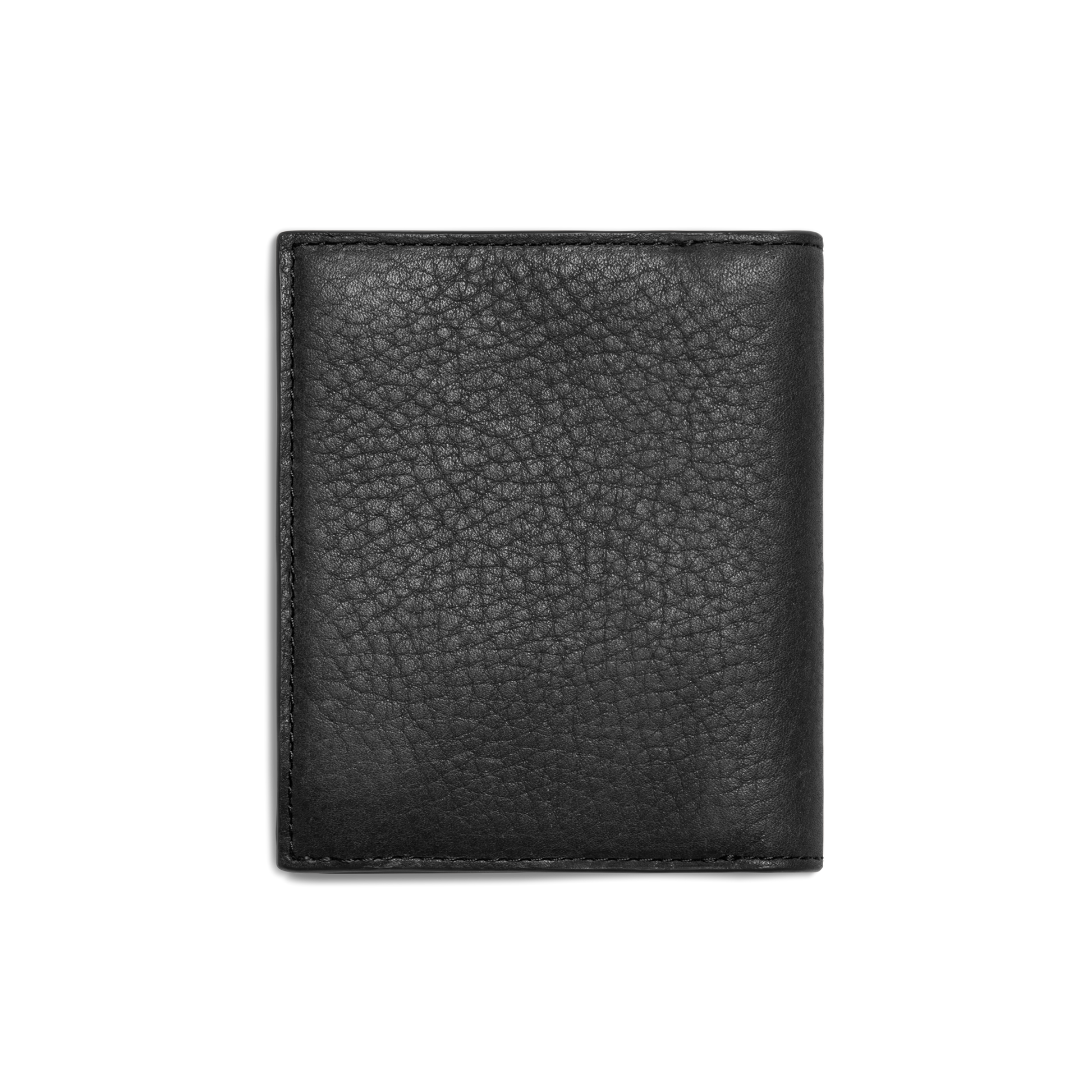 The Shinola Coin Bifold - Black is a slim wallet made from natural grain leather with a textured finish, shown closed and upright on a plain white background.