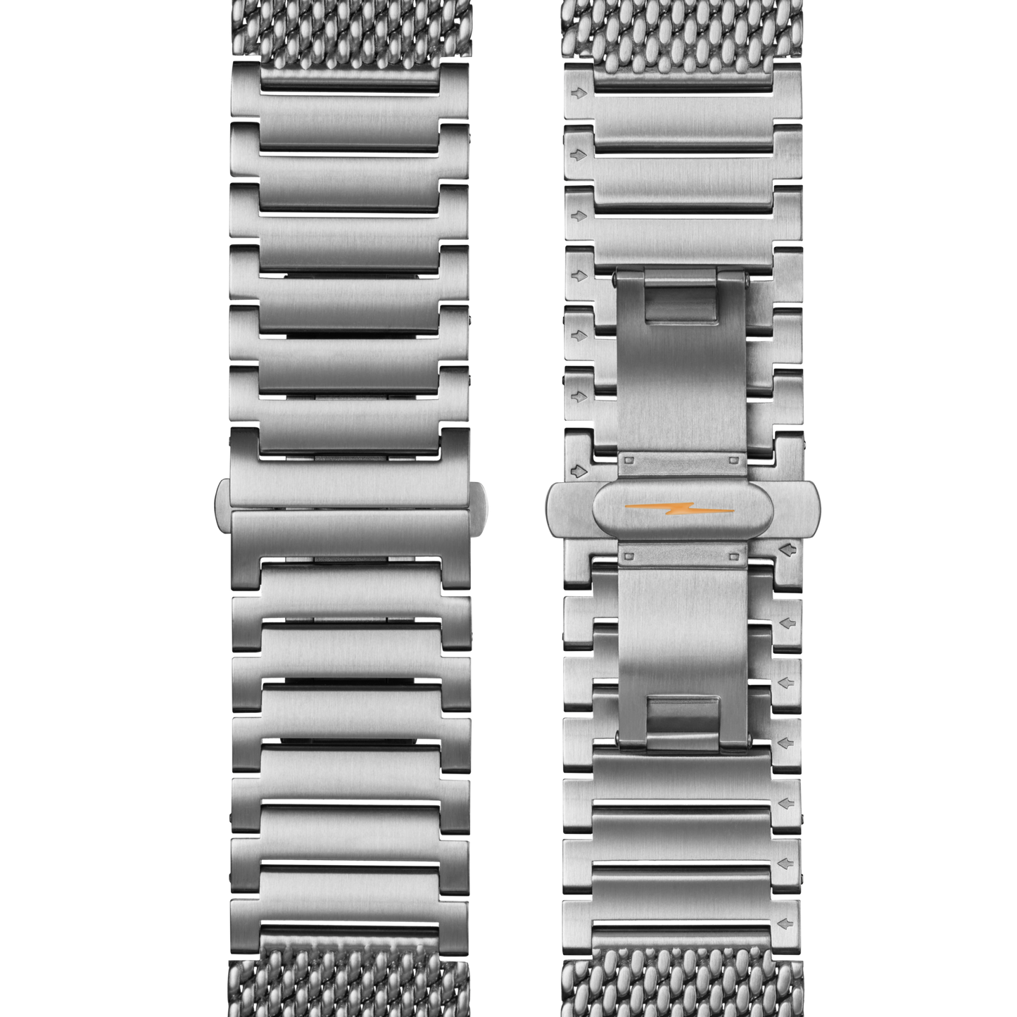 Two views of the Canfield C56 Chronograph Watch - Whiskey by Shinola: the front features brushed silver links with mid-century modern mesh ends, and the back shows a clasp engraved with a lightning bolt symbol.