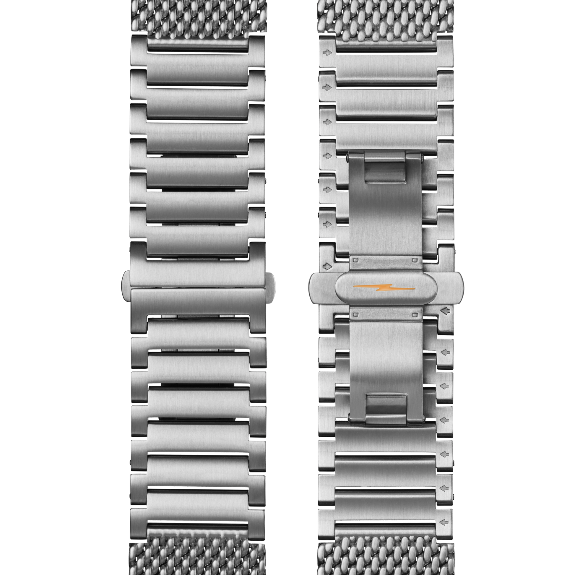 Two views of the Canfield C56 Chronograph Watch - Whiskey by Shinola: the front features brushed silver links with mid-century modern mesh ends, and the back shows a clasp engraved with a lightning bolt symbol.