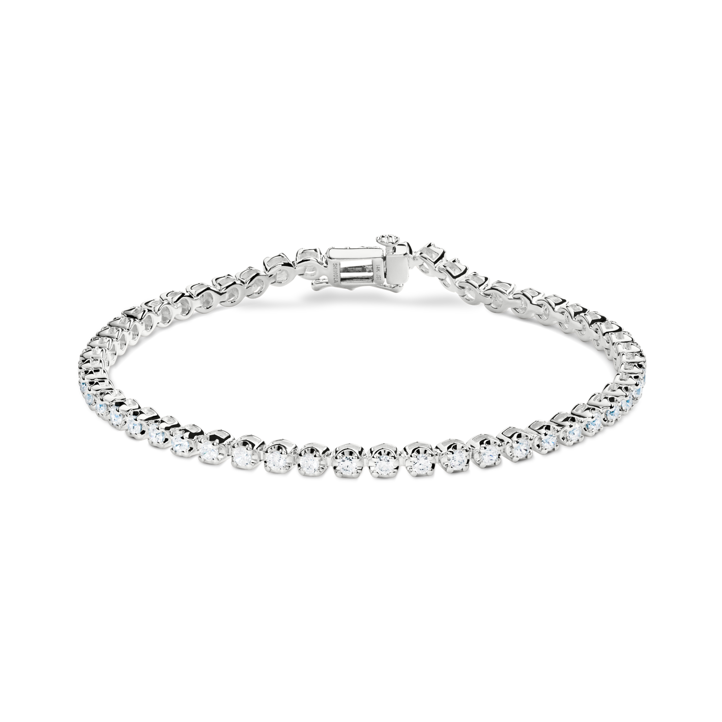 The Shinola 2 Carat 7" Diamond Tennis Bracelet in white gold features a single row of brilliant-cut diamonds in symmetrical prongs, shown on a plain white background.