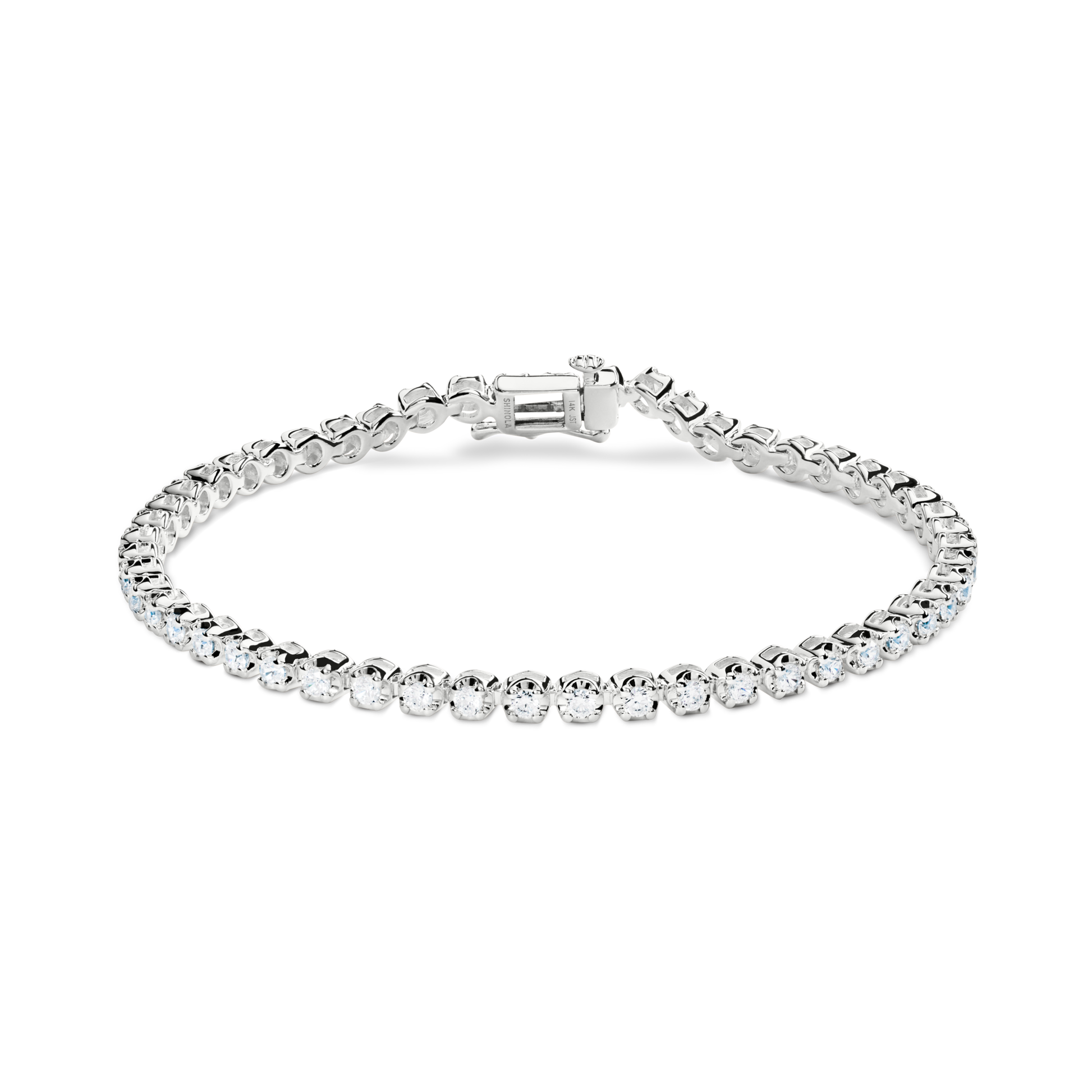 The Shinola 1.84 Carat 6.5" Diamond Tennis Bracelet in white gold features a single row of brilliant cut diamonds and a secure clasp, shown on a plain white background.