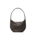 The Shinola Small Shoulder Bag - Espresso features dark brown natural grain leather, a curved crescent shape, and a wide strap, shown upright against a plain white background.