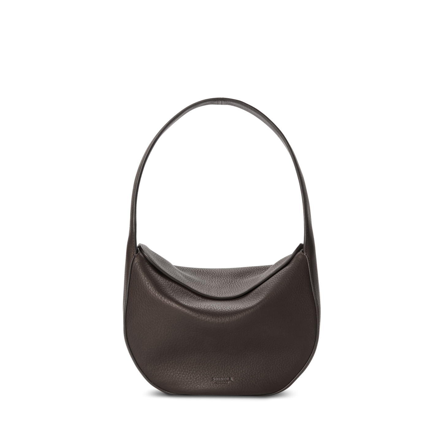 The Shinola Small Shoulder Bag - Espresso features dark brown natural grain leather, a curved crescent shape, and a wide strap, shown upright against a plain white background.