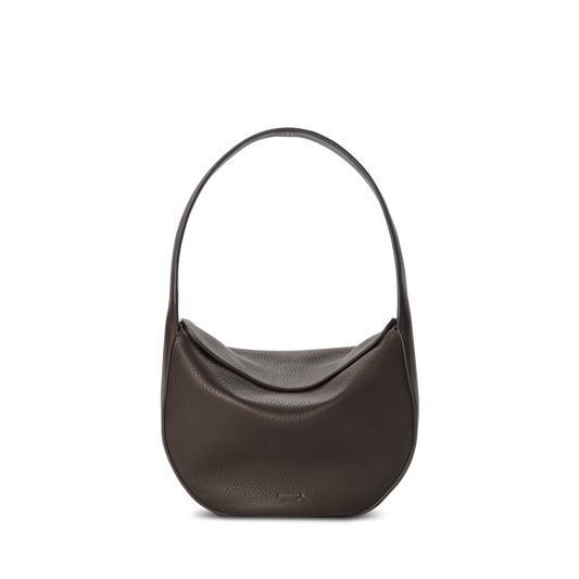 The Shinola Small Shoulder Bag - Espresso features dark brown natural grain leather, a curved crescent shape, and a wide strap, shown upright against a plain white background.