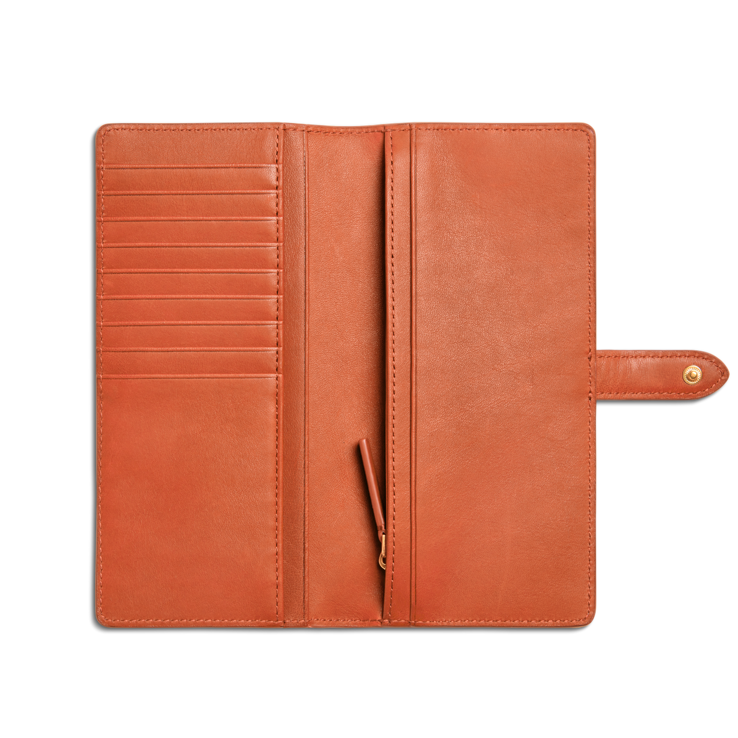The Shinola Continental Snap Wallet - Rust is open against a white background, displaying multiple card slots on the left, a zippered center pocket, and a snap-button closure flap on the right.
