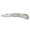 The Shinola + Bear & Son Pocket Knife by Shinola showcases a 440 stainless steel blade and a white smooth bone handle with speckled markings and metallic accents, photographed on a plain white background.