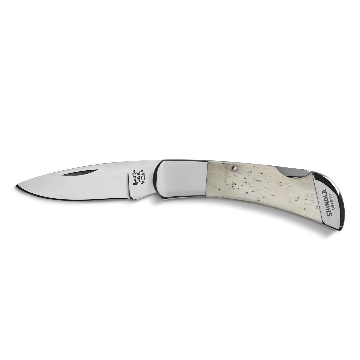 The Shinola + Bear & Son Pocket Knife by Shinola showcases a 440 stainless steel blade and a white smooth bone handle with speckled markings and metallic accents, photographed on a plain white background.