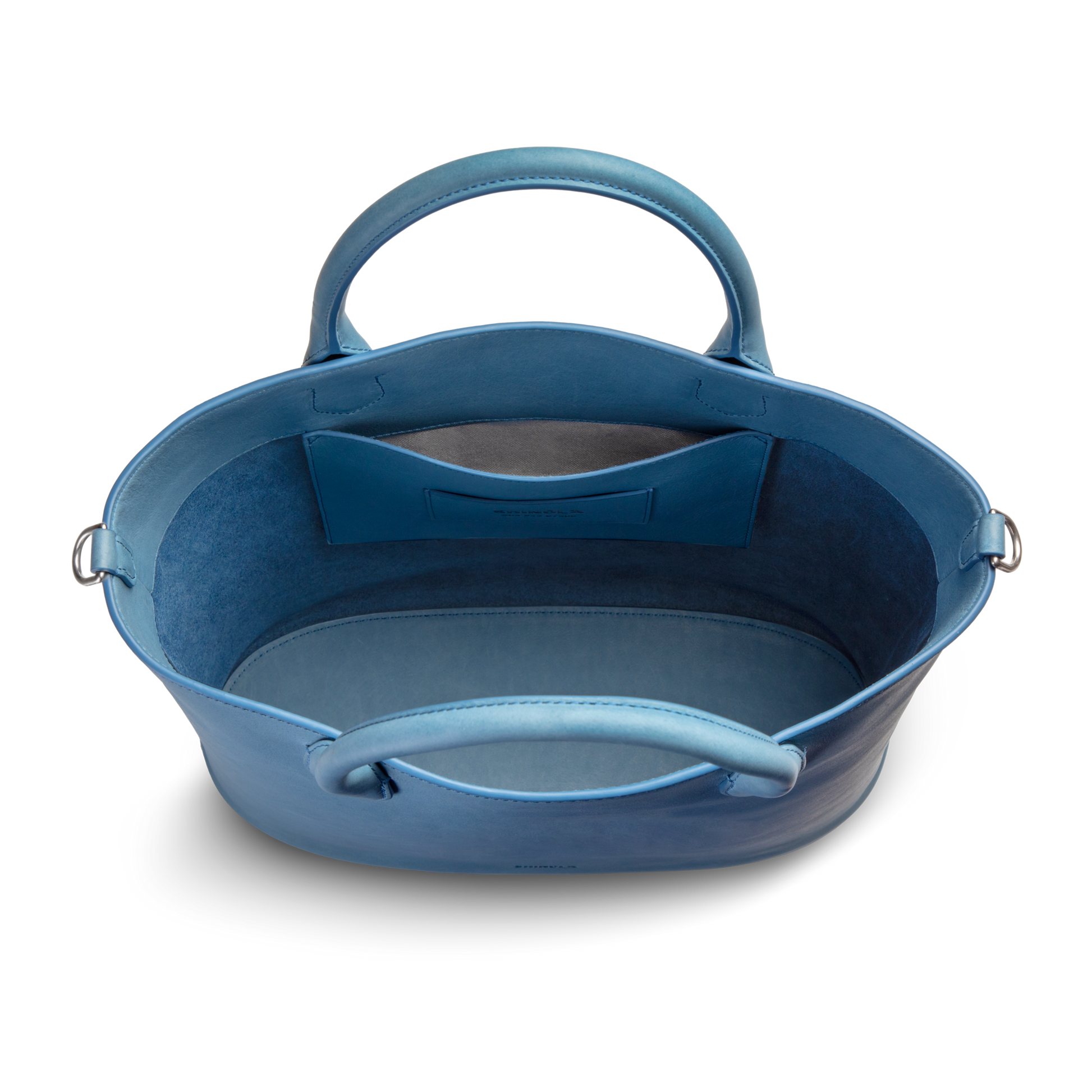 The Shinola 12 Hour Tote Bag - River is an open-top blue natural leather tote with two handles, a roomy interior, and an inner slip pocket—ideal for daily use—all elegantly set against a plain white background.