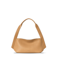 The Small Derby Shoulder Bag - Honey by Shinola features natural leather in a petite, curved silhouette with a wide strap and minimal design, subtly embossed with the Shinola logo near the bottom center against a white background.