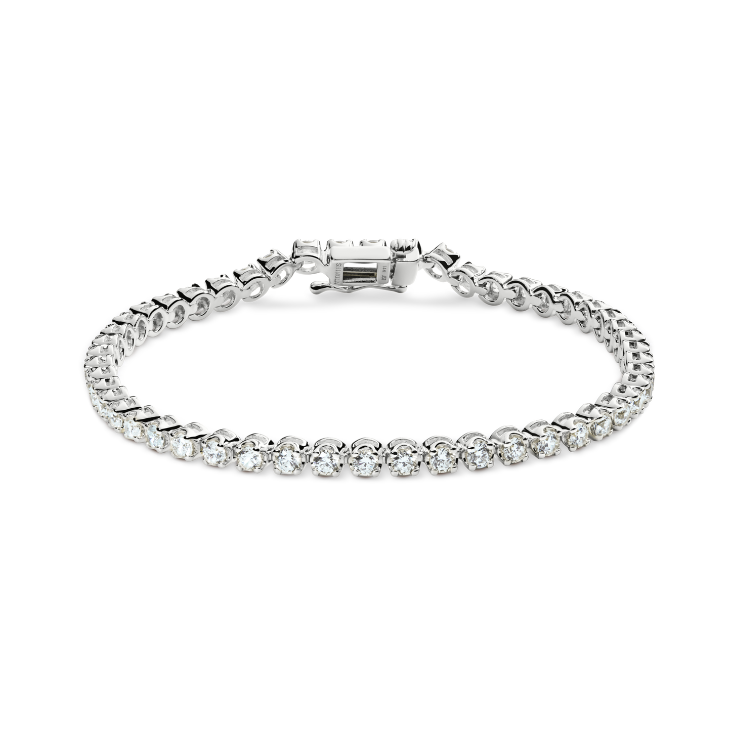 The Shinola 3 Carat 7" Diamond Tennis Bracelet in white gold features a slim, polished band adorned with a single row of brilliant cut diamonds and secured with a sturdy clasp.