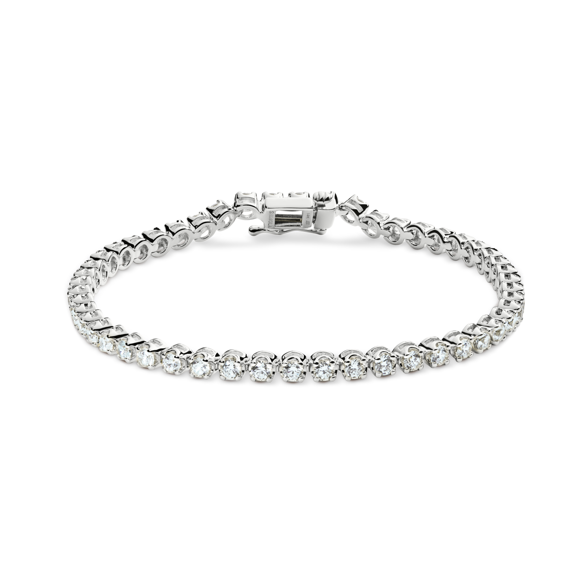 The Shinola 3 Carat 7" Diamond Tennis Bracelet in white gold features a slim, polished band adorned with a single row of brilliant cut diamonds and secured with a sturdy clasp.