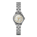 The Shinola Runabout Watch - MOP Diamond features a round mother-of-pearl dial, gold hour markers, and a silver metal link bracelet, displayed on a plain white background.