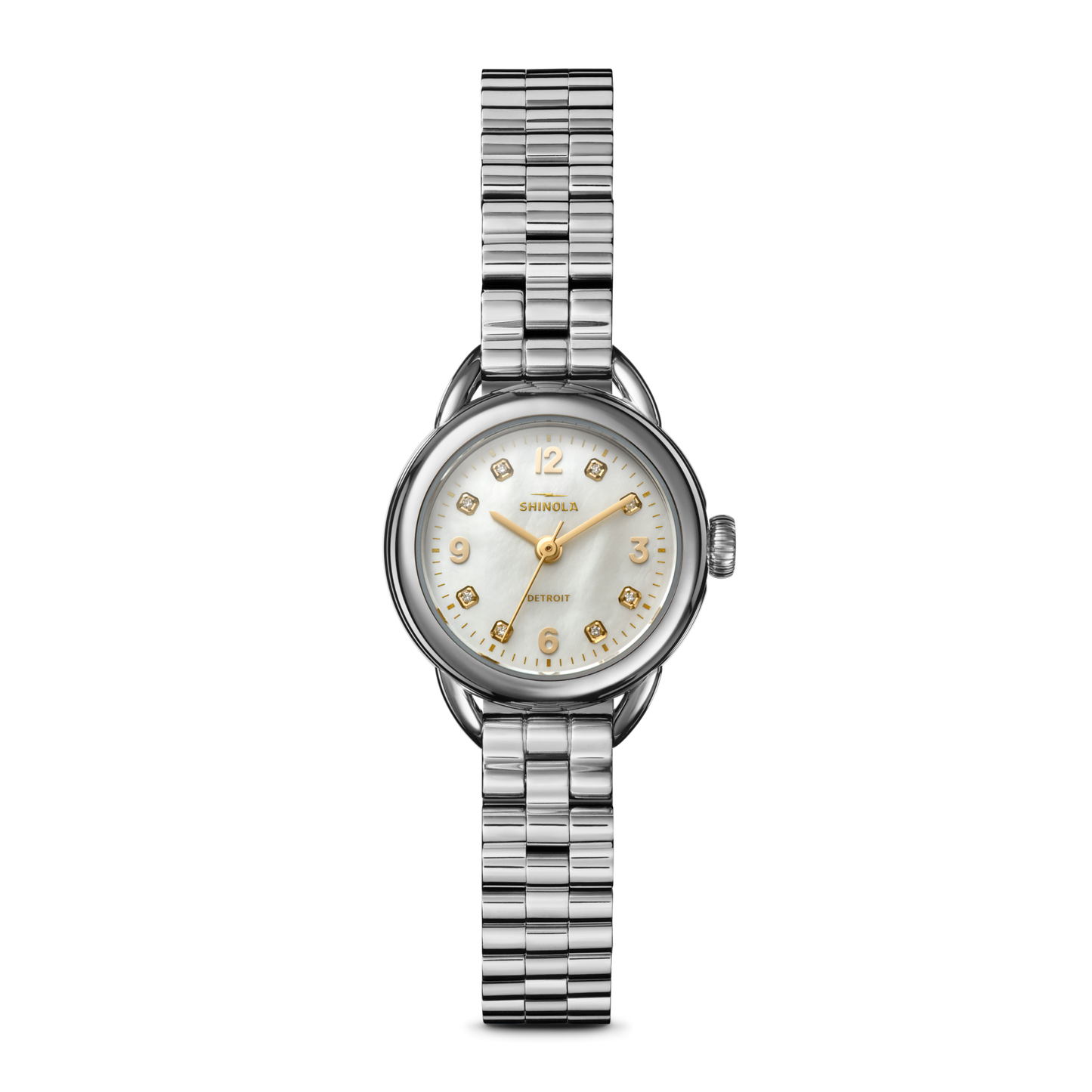 The Shinola Runabout Watch - MOP Diamond features a round mother-of-pearl dial, gold hour markers, and a silver metal link bracelet, displayed on a plain white background.