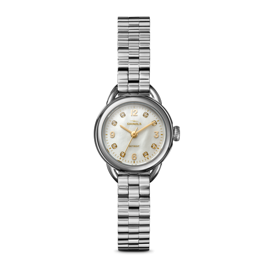 The Shinola Runabout Watch - MOP Diamond features a round mother-of-pearl dial, gold hour markers, and a silver metal link bracelet, displayed on a plain white background.