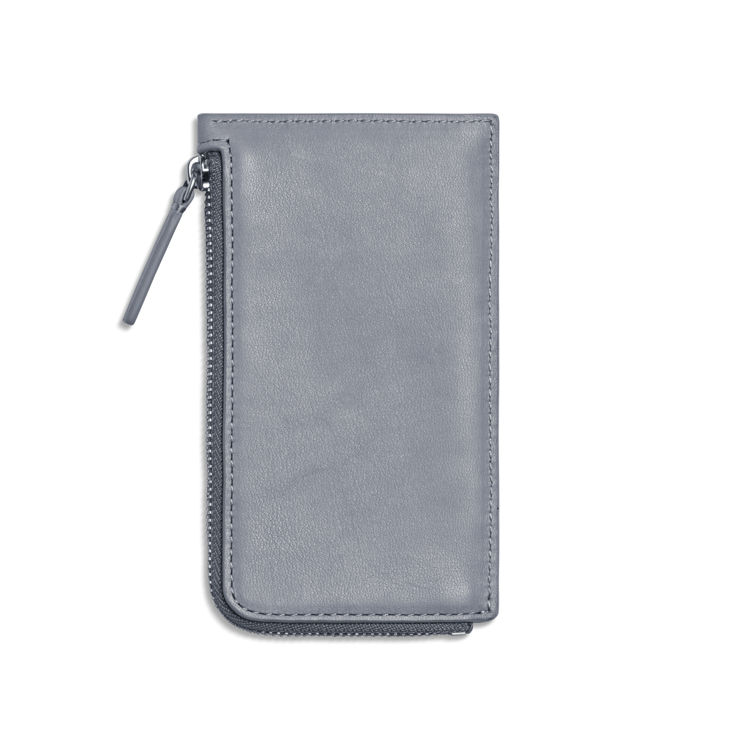 The Shinola Zip Around Card Case - Mist is a gray natural leather card case with multiple card pockets and a zipper closure on two edges, displayed against a plain white background.