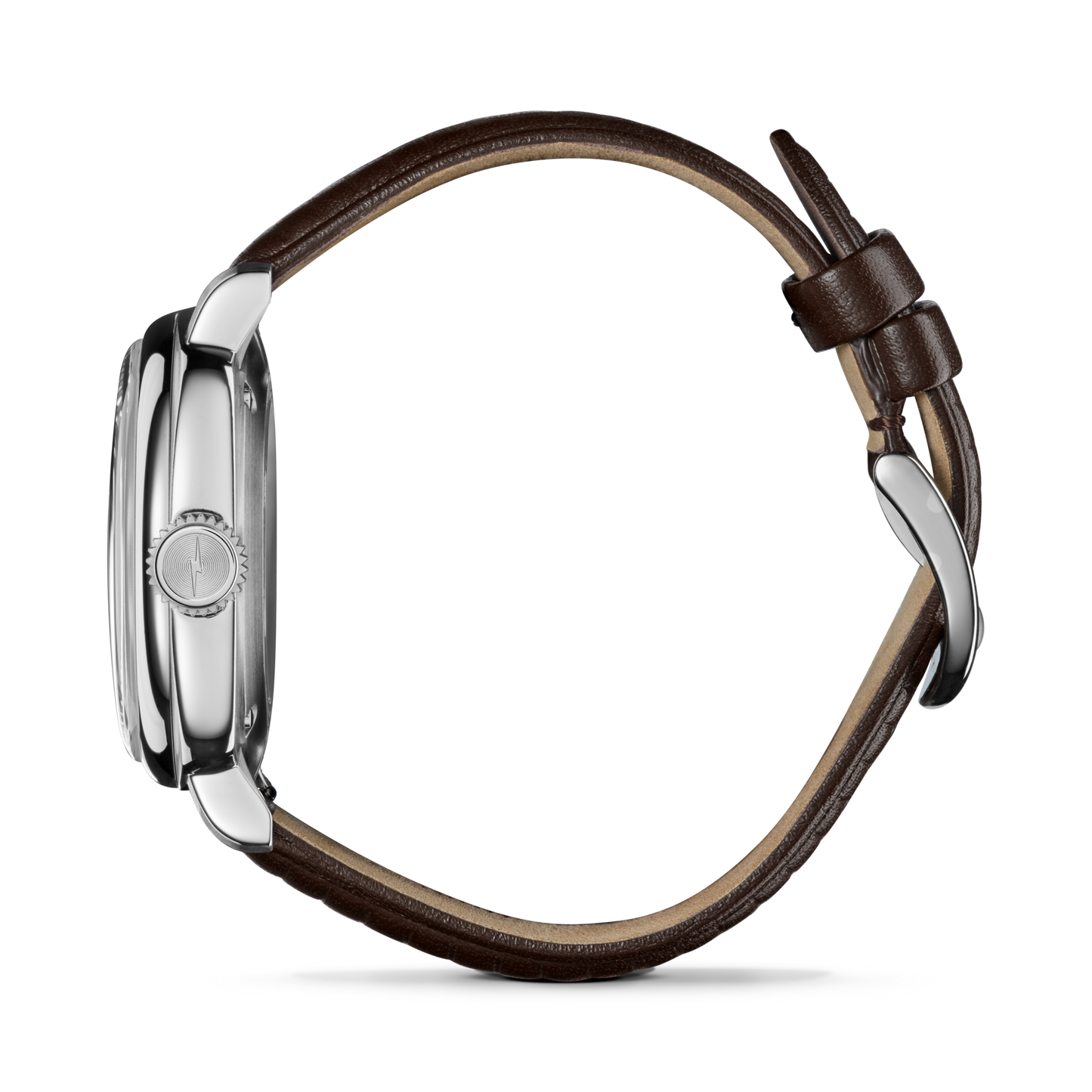 A side view of the Shinola Mechanic Watch - Alabaster, featuring a hand-wound movement, polished silver case, and brown leather strap with visible crown and buckle, set against a white background.