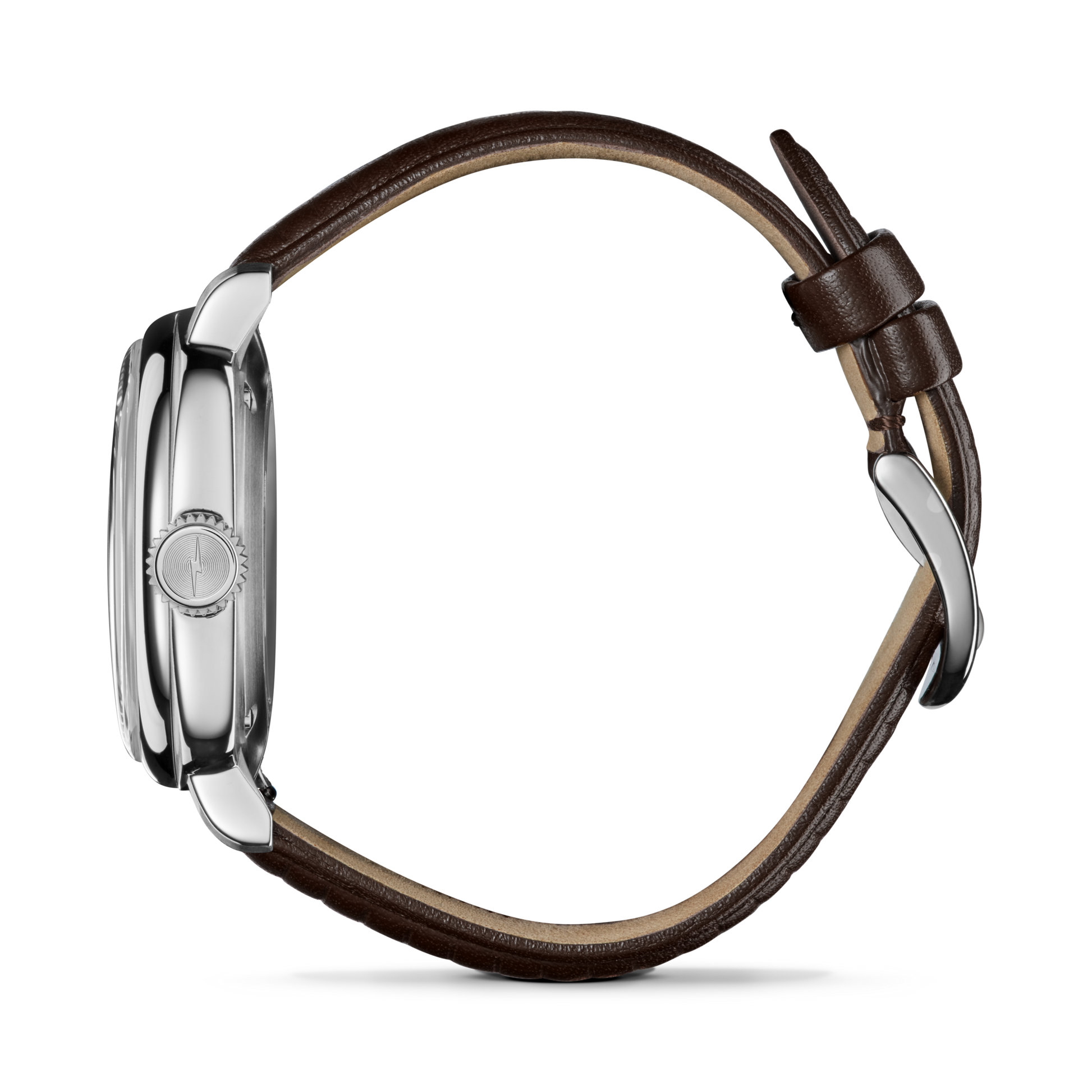 A side view of the Shinola Mechanic Watch - Alabaster, featuring a hand-wound movement, polished silver case, and brown leather strap with visible crown and buckle, set against a white background.