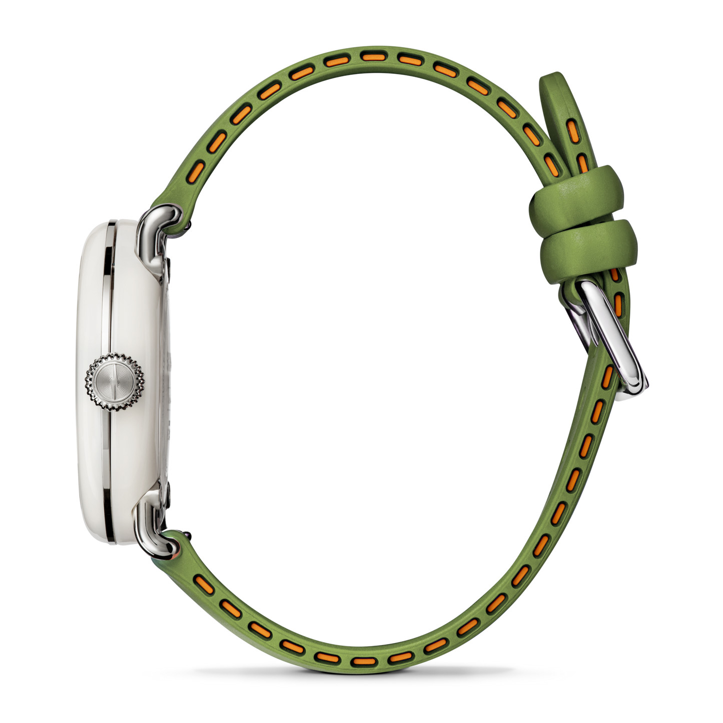 Side view of the Shinola Detrola Watch - Deep Olive, featuring a silver case, green band with orange accents, and a silver buckle, displayed against a plain white background.