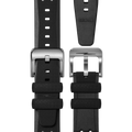 The 20mm Rubber Strap - Black Tropic Dive by Shinola features a textured black surface, stainless steel buckle, multiple adjustment holes, and SHINOLA branding on the underside. Shown in both closed and separated views.